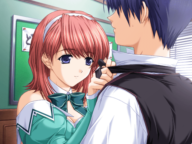 hasumi elan, hasegawa akemi, pia carrot (series), pia carrot e youkoso!!, pia carrot e youkoso!! 3, game cg, 1990s (style), 1boy, 1girl, bare shoulders, blue eyes, bow, dress, hairband, red hair, retro artstyle, short hair, waitress