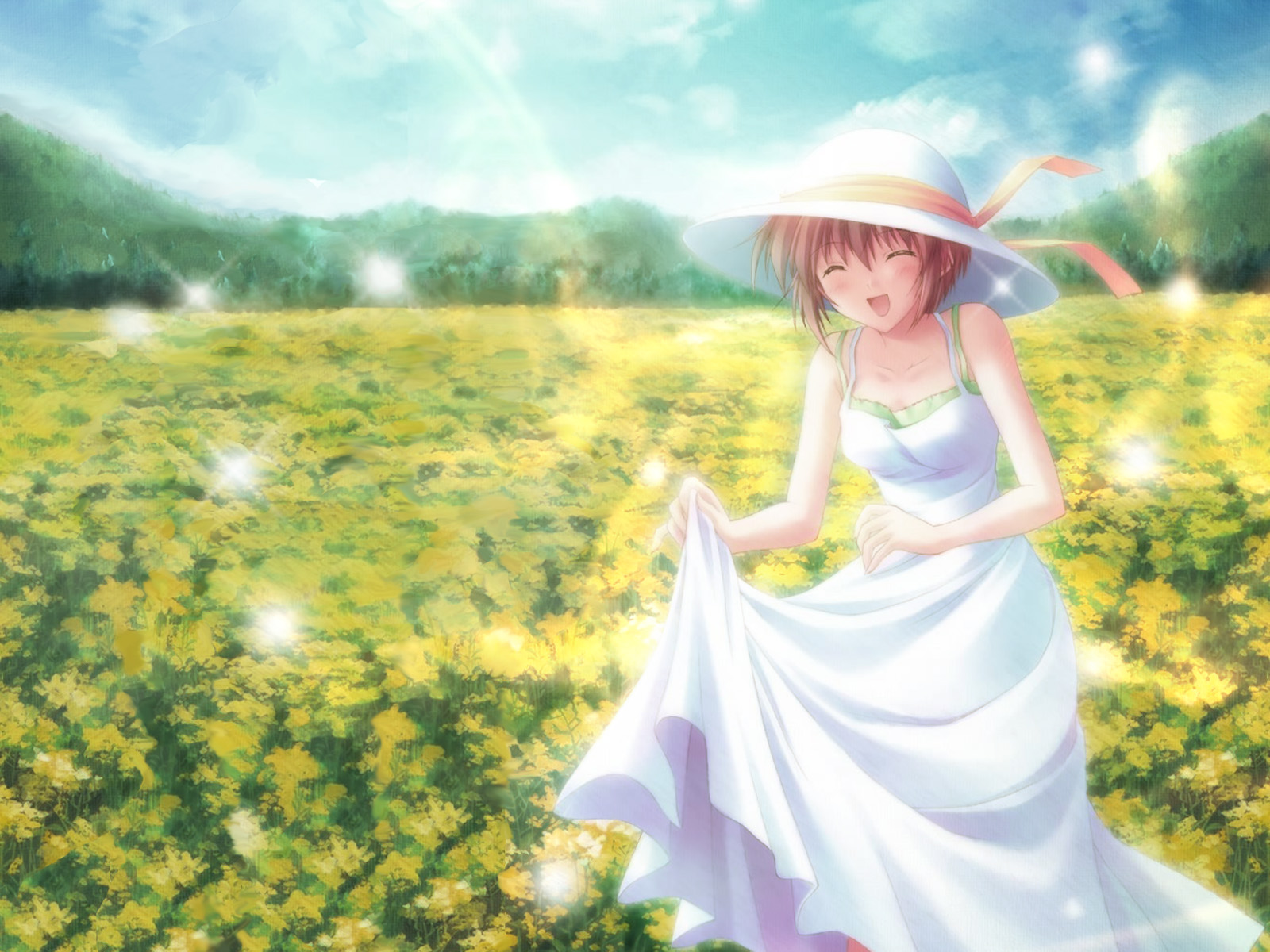 kikyou kiri, canvas (cocktail soft), canvas 2, highres, 00s, 1girl, bare shoulders, collarbone, cowboy shot, day, dress, female focus, field, flower, flower field, hat, looking at viewer, outdoors, short hair, sleeveless, sleeveless dress, solo, sun hat, white dress