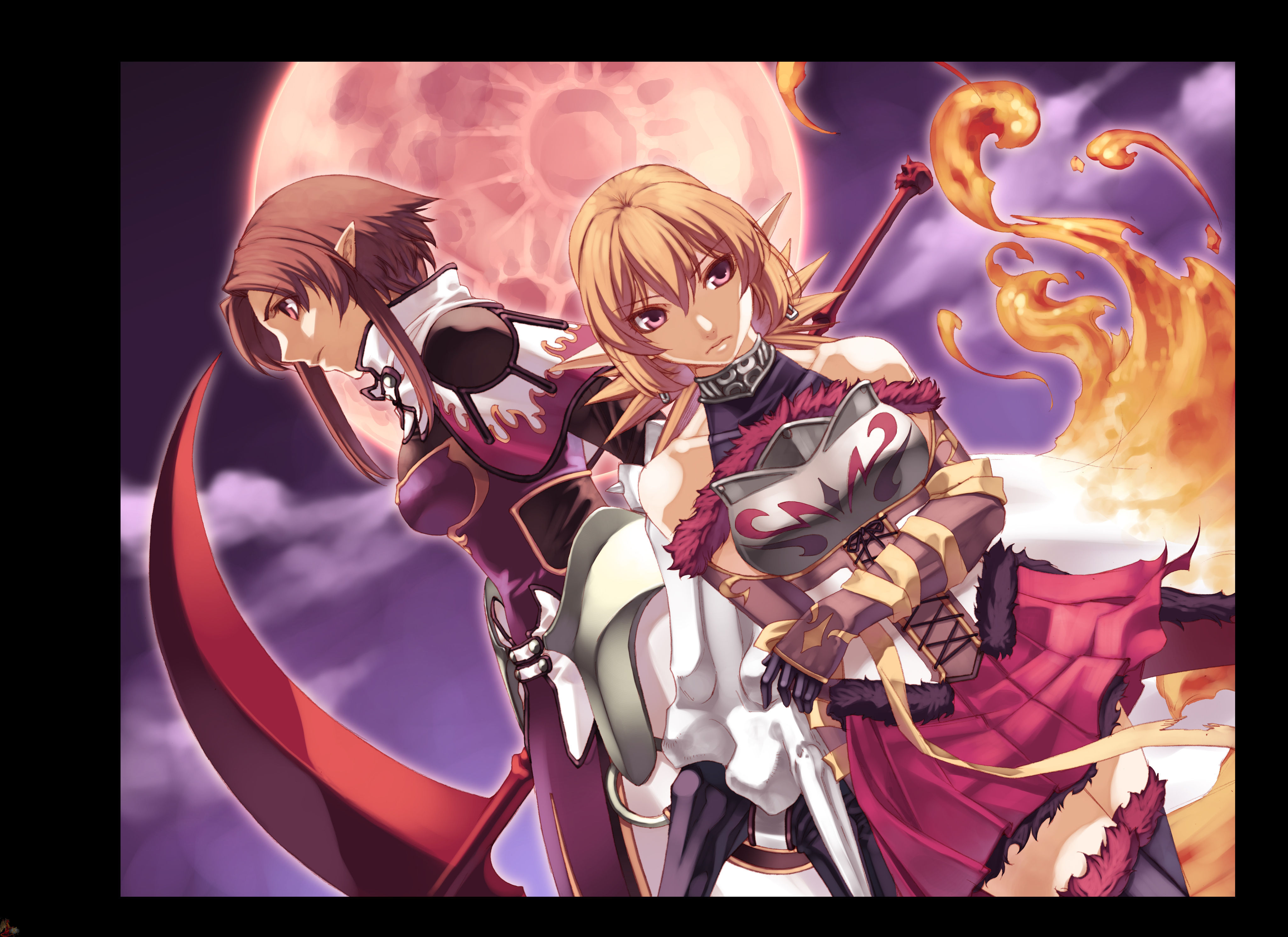 hirano katsuyuki, hiro (spectral force), roze, roze (spectral souls), spectral (series), spectral force, spectral souls, spectral vs generation, absurdres, highres, official art, 2girls, armor, armored dress, blonde hair, brown hair, dress, fire, gloves, moon, multiple girls, purple background, scythe, shawl, sidelocks, skirt, thighhighs