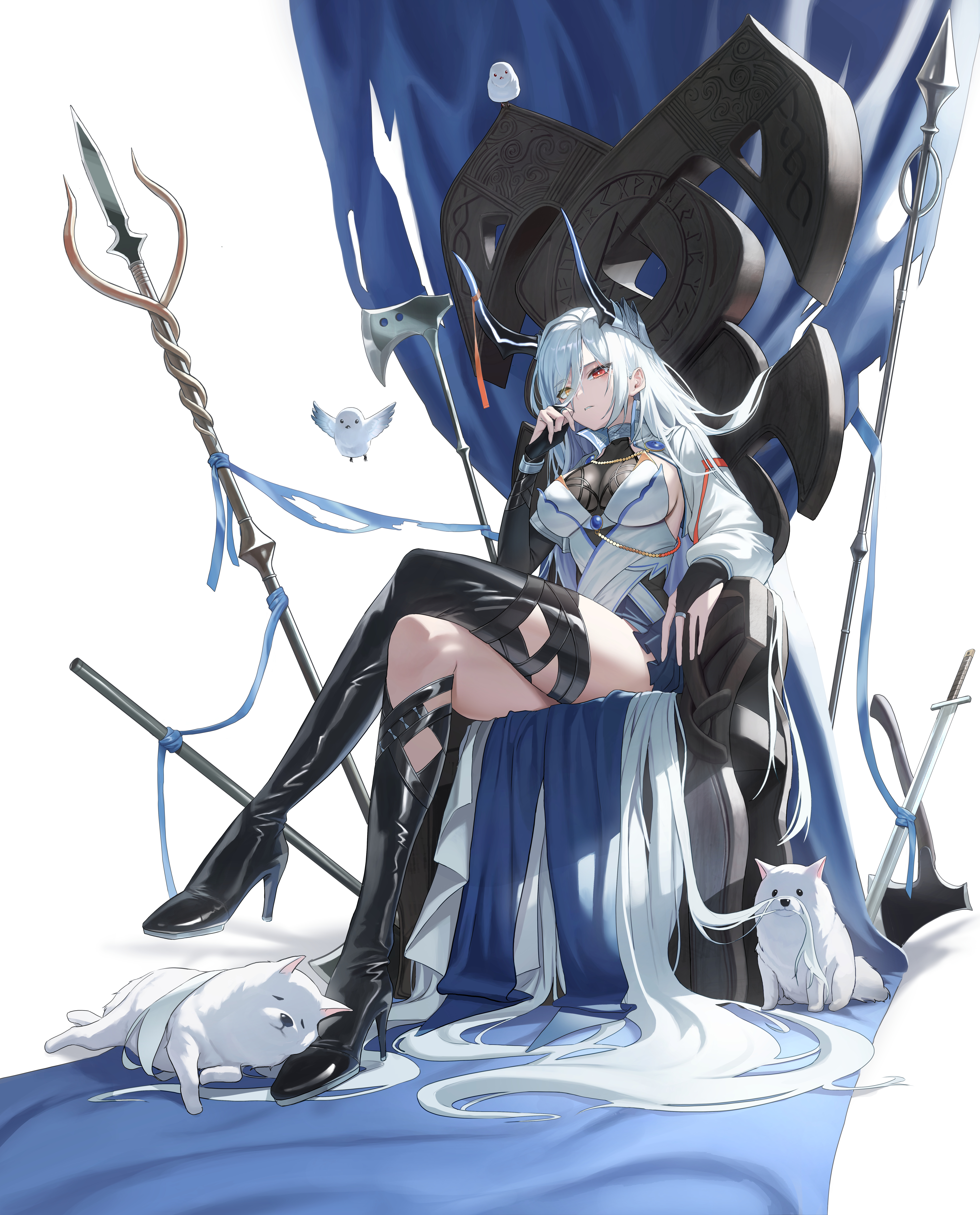 guegue, original, absurdres, commentary, highres, 1girl, absurdly long hair, animal, asymmetrical sleeves, axe, battle axe, bird, black boots, black horns, blue gemstone, boots, breasts, bridal gauntlets, cropped jacket, crossed legs, dog, dress, gem, hair between eyes, heterochromia, high heel boots, high heels, horn ornament, horn ring, horns, jacket, large breasts, long hair, long hair between eyes, long sleeves, looking at viewer, open clothes, open jacket, parted lips, polearm, red eyes, sitting, sitting on throne, solo, spear, sword, thigh boots, throne, very long hair, weapon, white background, white dress, white hair, white jacket, yellow eyes