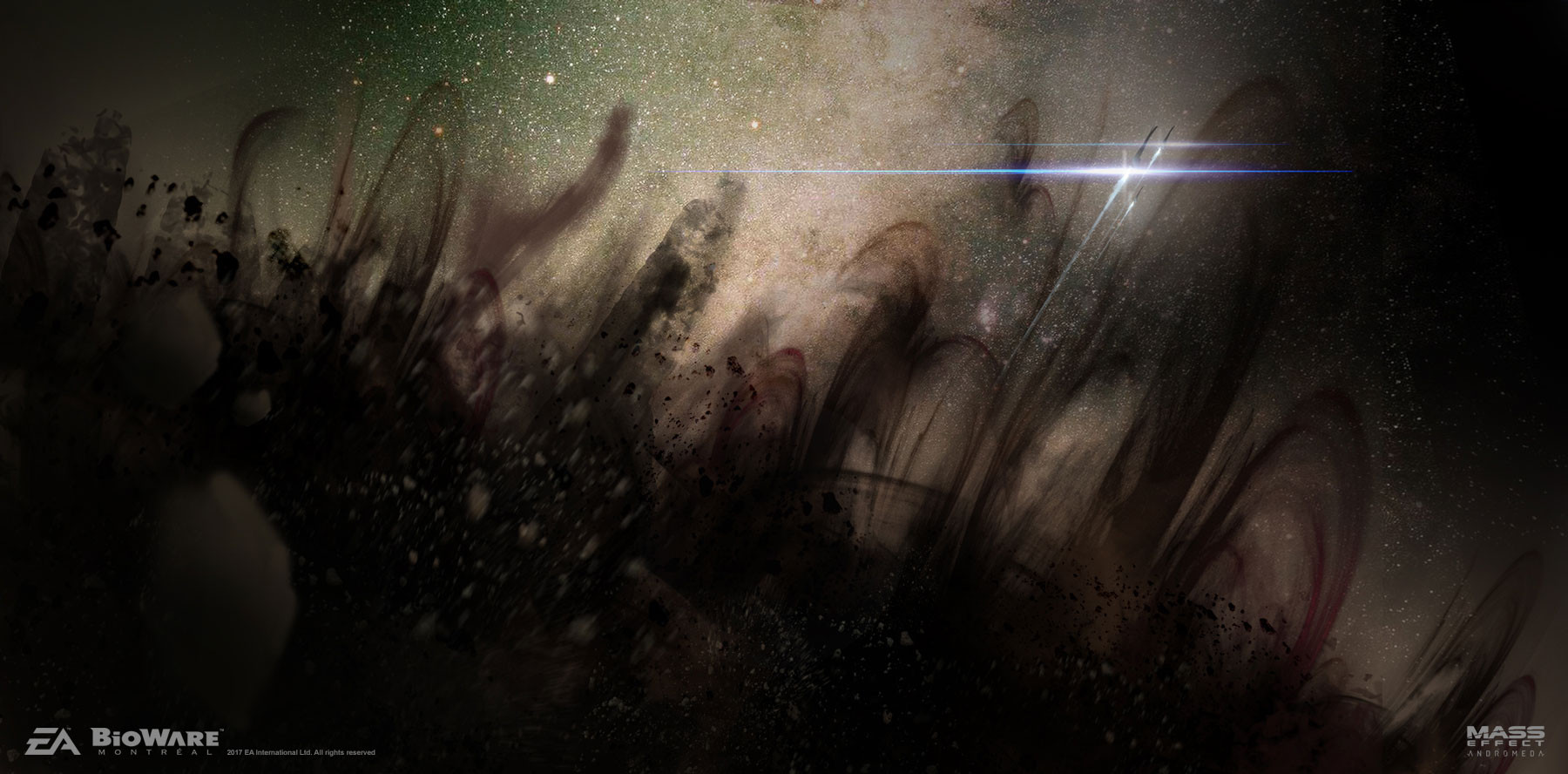 ben lo, mass effect (series), concept art, highres, contrail, fleeing, galaxy, glint, no humans, painterly, scenery, sky, smoke, space, spacecraft, star (sky), starry sky