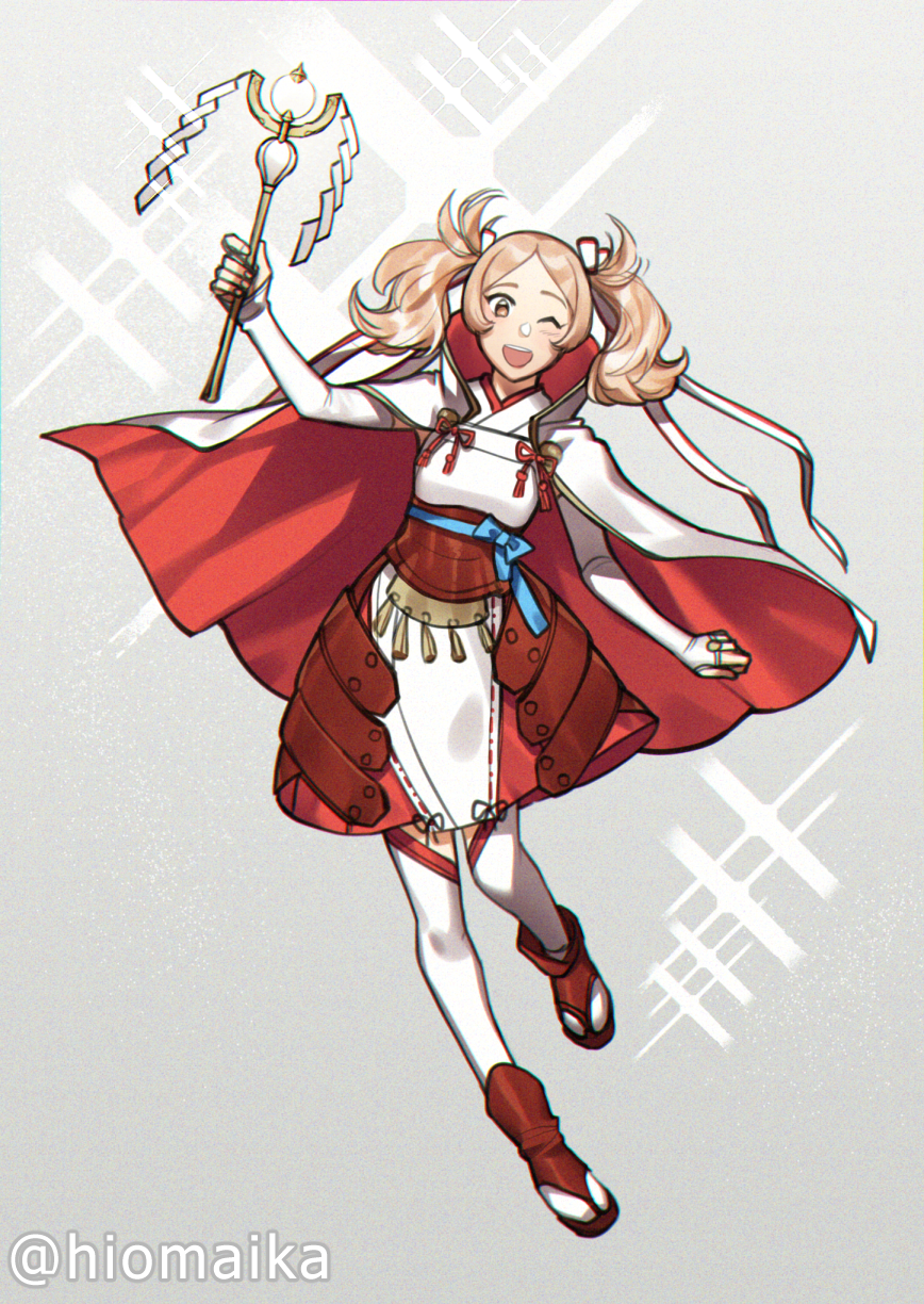 shg (hiomaika), lissa (fire emblem), sakura (fire emblem), fire emblem, fire emblem awakening, fire emblem fates, nintendo, commission, highres, 1girl, ;d, alternate costume, blonde hair, breasts, cosplay, holding, holding staff, japanese clothes, looking at viewer, one eye closed, open mouth, sakura (fire emblem) (cosplay), small breasts, smile, solo, staff, thighs, twintails