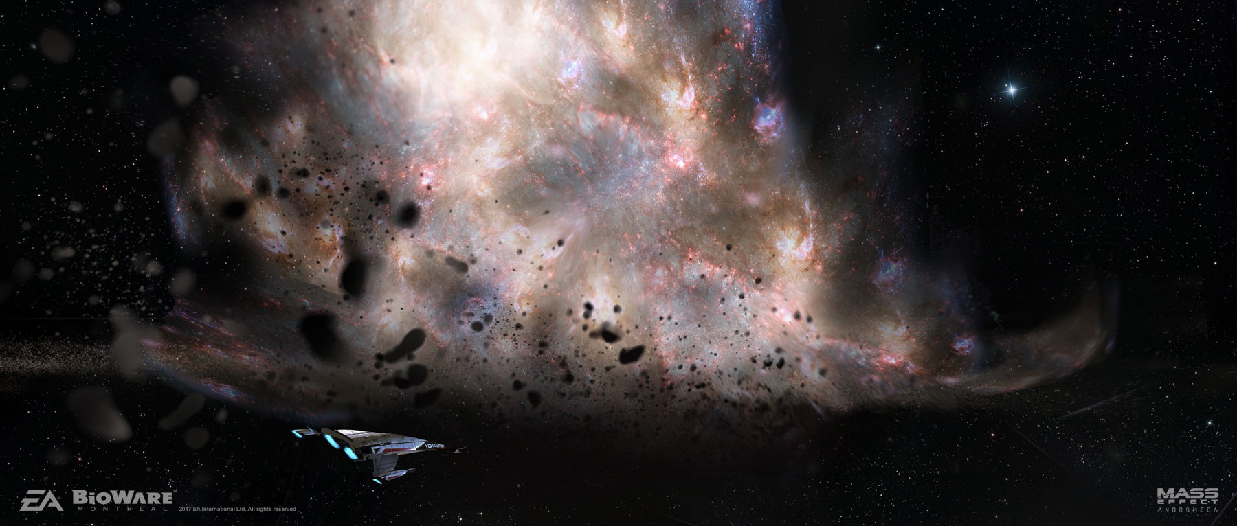 ben lo, mass effect (series), concept art, highres, asteroid, asteroid belt, floating, galaxy, no humans, painterly, scenery, space, spacecraft, sparkle, star (sky)