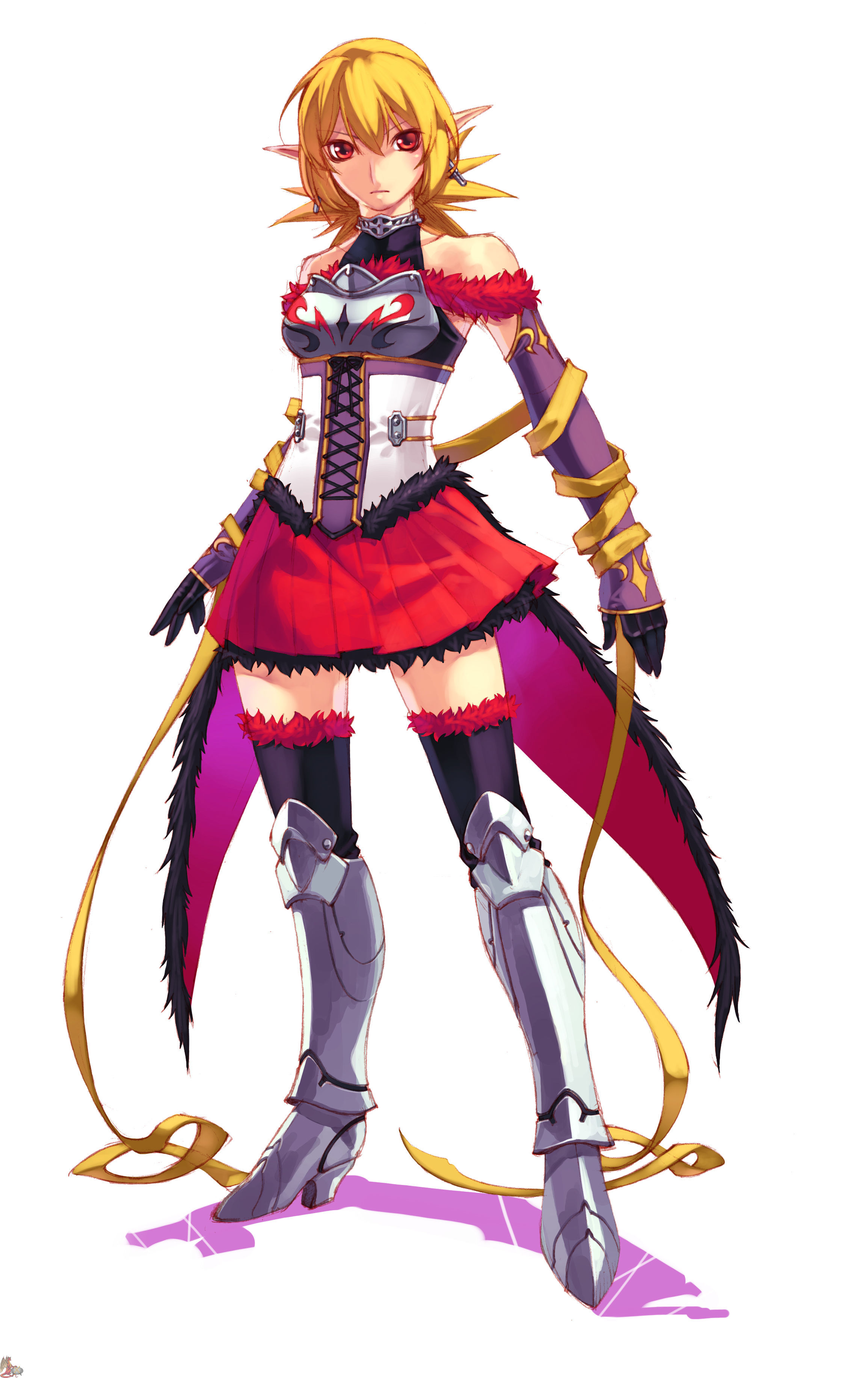 hirano katsuyuki, roze, roze (spectral souls), spectral (series), spectral souls, spectral vs generation, absurdres, highres, 1girl, armor, armored dress, bare shoulders, boots, dress, full body, knee boots, standing, thigh boots, thighhighs, white background, zettai ryouiki