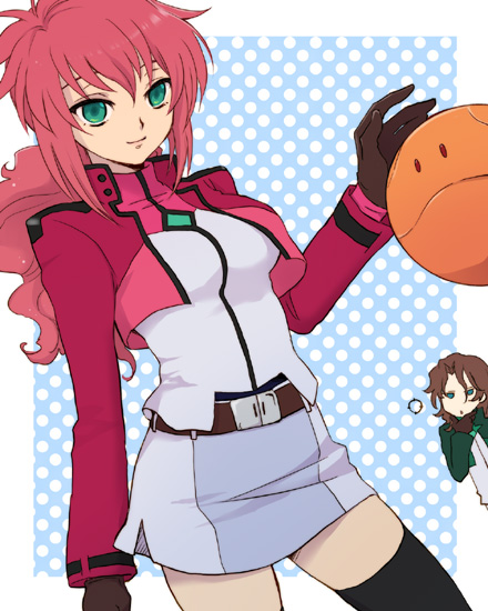 plum (arch), feldt grace, haro, lockon stratos, lyle dylandy, gundam, gundam 00, 00s, gloves, green eyes, jacket, pink hair, skirt, smile, thighhighs