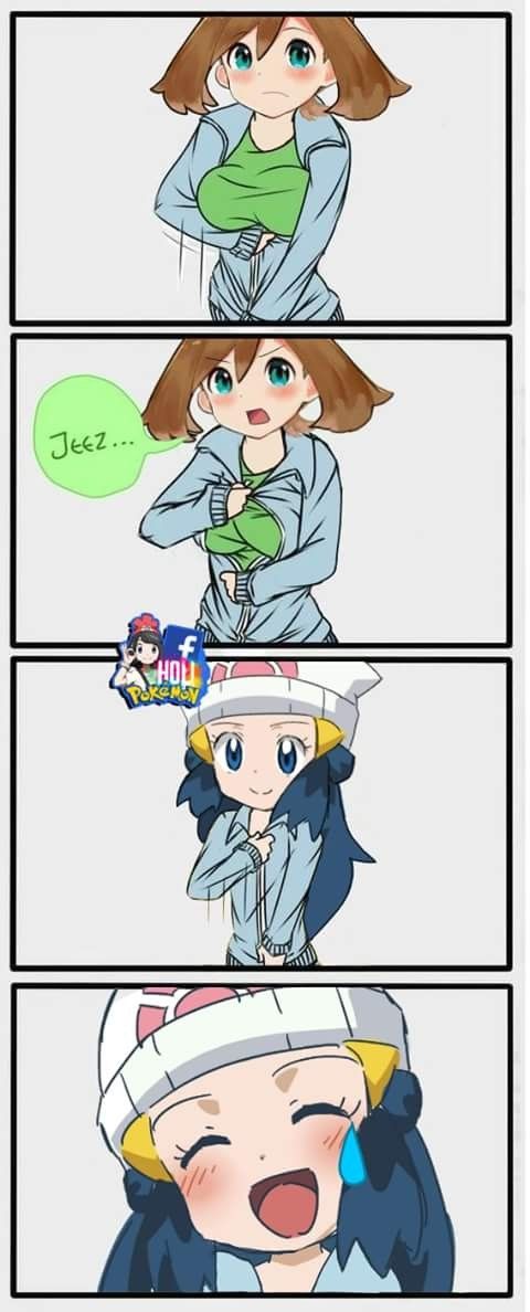 dawn (pokemon), may (pokemon), nintendo, pokemon, pokemon (anime), pokemon dppt (anime), artist request, source request, 2girls, annoyed, blue eyes, blue hair, breasts, brown hair, hat, jealous, large breasts, multiple girls, open mouth, small breasts, smile, tears