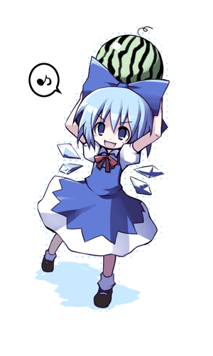 dorua (dollar), cirno, embodiment of scarlet devil, touhou, lowres, 1girl, bow, female focus, food, fruit, holding, holding food, holding fruit, holding watermelon, socks, solo, speech bubble, watermelon