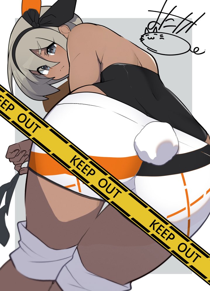 mituyota 76, bea (pokemon), nintendo, pokemon, pokemon swsh, ass, blue eyes, bodysuit, bodysuit under clothes, dark-skinned female, dark skin, from behind, frown, grey hair, knee pads, looking at viewer, looking back, rabbit tail, shorts