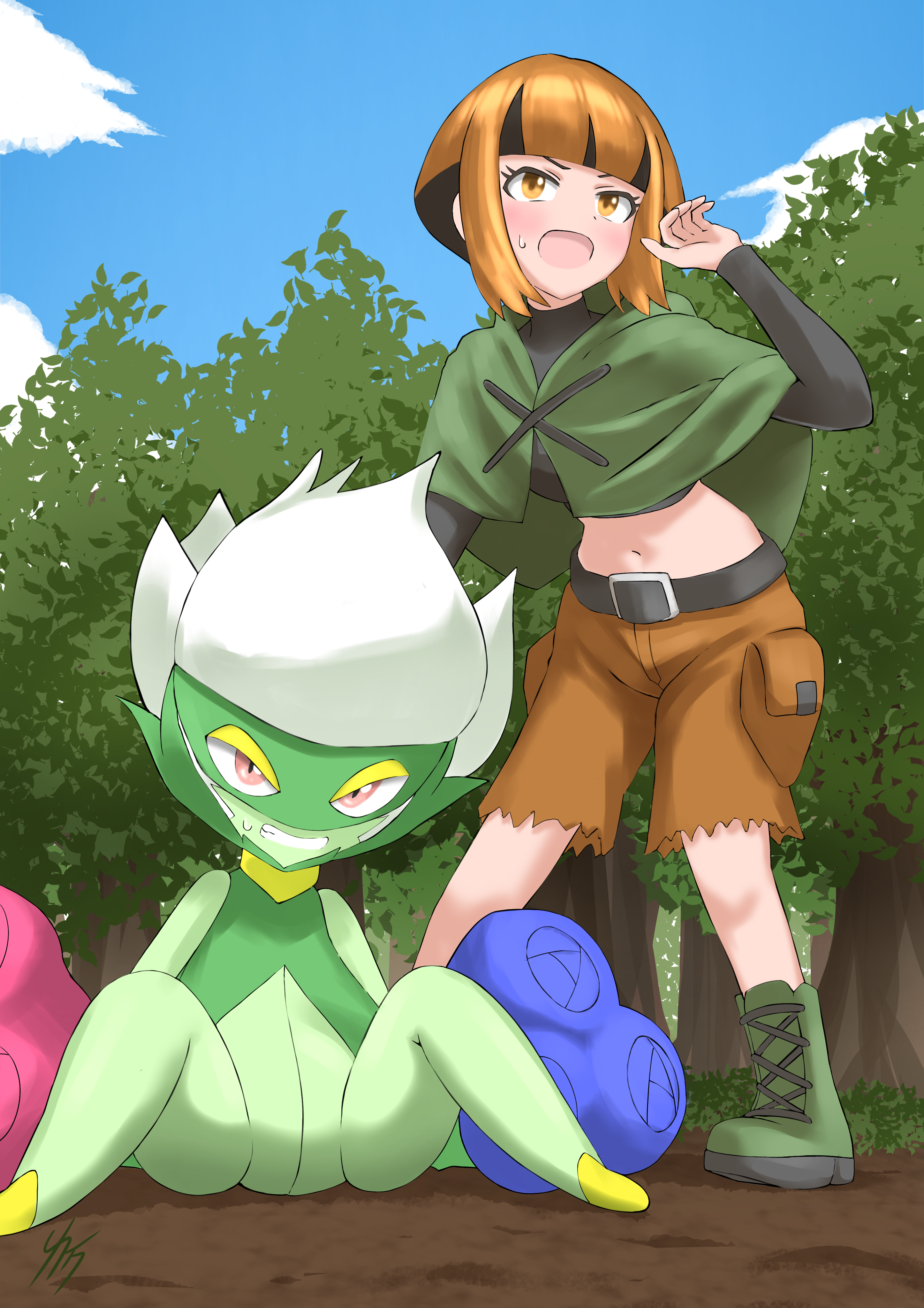 saturn dosue, gardenia (pokemon), roserade, nintendo, pokemon, pokemon dppt, absurdres, highres, variant set, 1girl, angry, belt, black hair, blue sky, blush, boots, capelet, clenched teeth, cloud, day, defeat, forest, gen 4 pokemon, green boots, green capelet, gym leader, leaning forward, midriff, multicolored hair, nature, navel, on ground, open mouth, orange eyes, orange hair, orange shorts, outdoors, pokemon (creature), short hair, shorts, signature, sitting, sky, standing, sweat, teeth, tree, two-tone hair