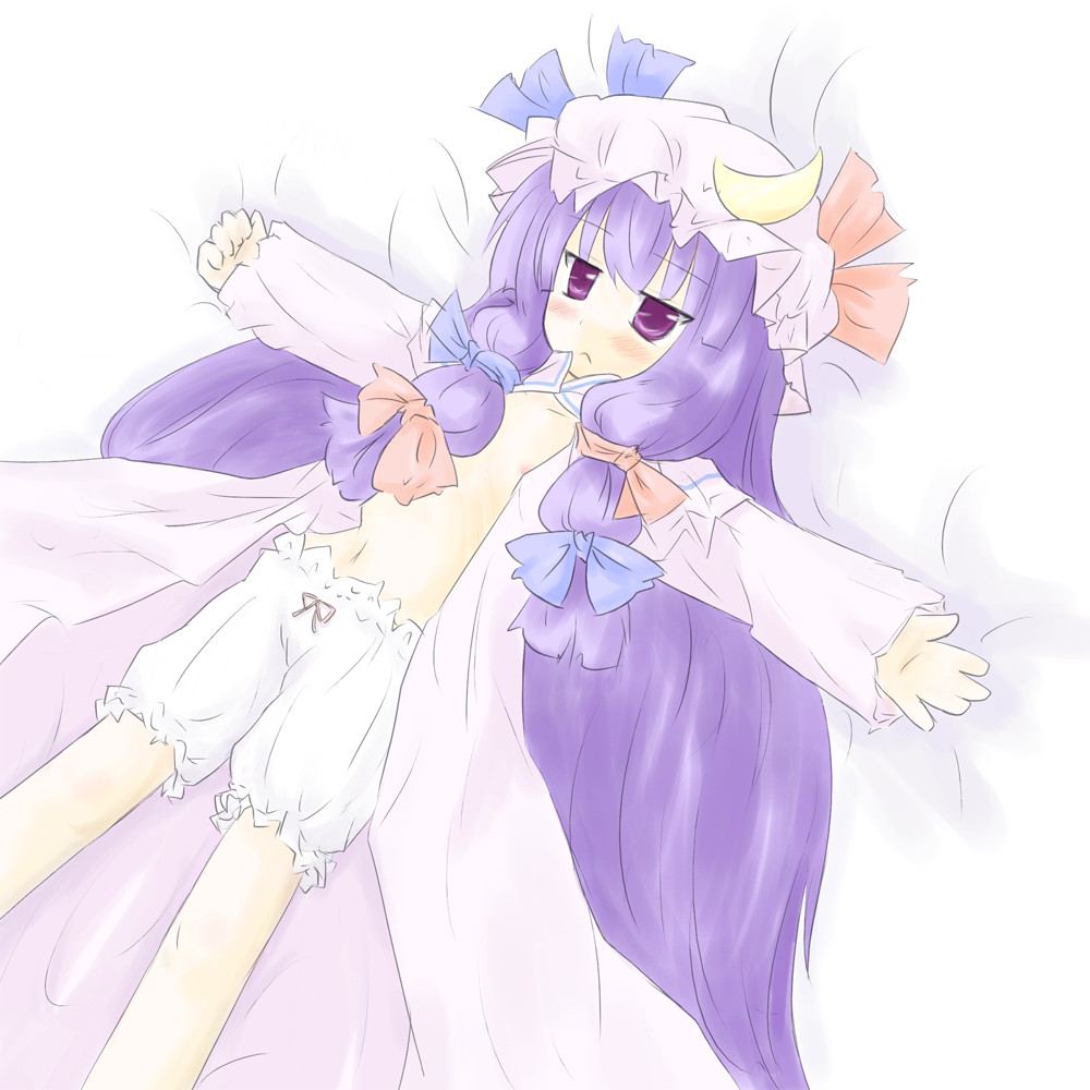 natsuki (silent selena), patchouli knowledge, touhou, bad id, bad pixiv id, 1girl, :<, bloomers, blush, female focus, flat chest, hair ribbon, hat, loli, long hair, midriff, nipples, open clothes, open shirt, purple eyes, purple hair, ribbon, shirt, solo, underwear, white bloomers