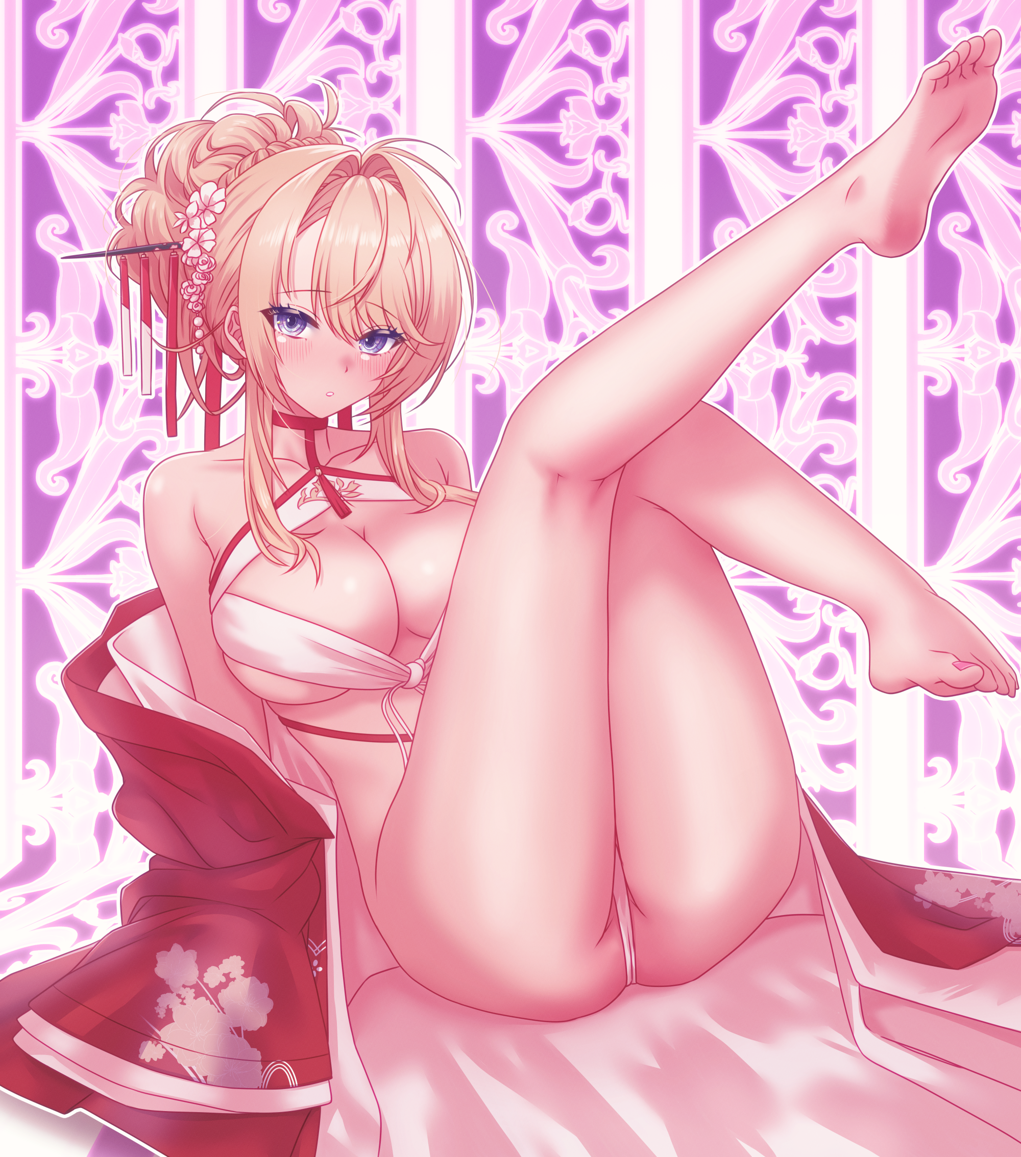 arbiter1, glorious (azur lane), glorious (pungent plum) (azur lane), azur lane, highres, 1girl, ass, barefoot, blonde hair, braid, breasts, bun with braided base, choker, cleavage, dress, hair bun, hair ornament, hair stick, japanese clothes, kanzashi, kimono, legs up, looking at viewer, official alternate costume, open clothes, open dress, red choker, red dress, red kimono, revealing clothes, single hair bun, sitting, toes, updo