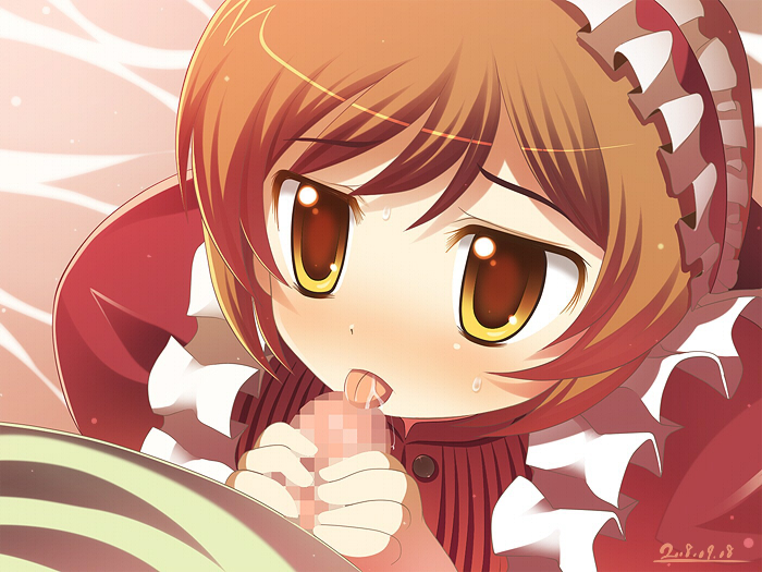 goriyaku, original, 1girl, brown hair, censored, hetero, licking, maid, oral, penis, short hair, solo focus, tongue, yellow eyes