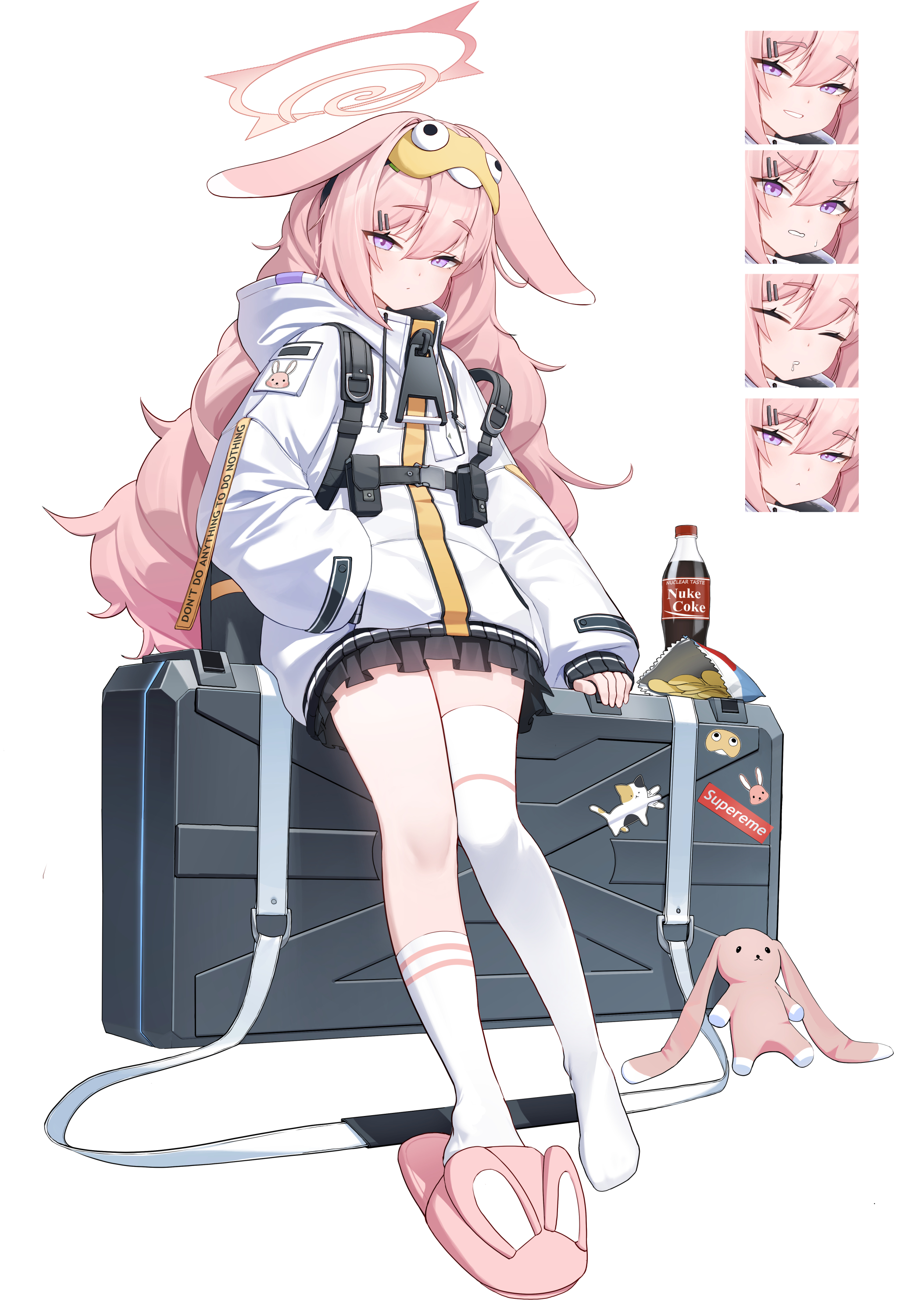 guegue, original, fluffy hair, absurdres, commentary, highres, 1girl, :<, :/, ammunition pouch, animal ears, animal slippers, asymmetrical legwear, bag of chips, black skirt, bottle, chest harness, chips (food), clenched teeth, closed eyes, drooling, english text, fake animal ears, food, grin, hair between eyes, hair ornament, hairclip, halo, hand in pocket, harness, hood, hood down, hooded jacket, jacket, long hair, long sleeves, looking at viewer, miniskirt, mismatched legwear, mouth drool, multiple expressions, pink hair, pink halo, pleated skirt, potato chips, pouch, puffy long sleeves, puffy sleeves, purple eyes, rabbit ears, single slipper, single sock, single thighhigh, skirt, sleeves past wrists, slippers, smile, socks, soda bottle, sticker, stuffed animal, stuffed rabbit, stuffed toy, teeth, thighhighs, uneven legwear, very long hair, weapon case, white background, white jacket, white socks, white thighhighs, zipper pull tab