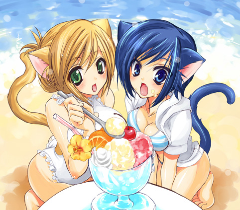 otabe sakura, sanshoku amido, original, lowres, 2girls, animal ears, bikini, cat ears, cat tail, food, ice cream, multiple girls, one-piece swimsuit, striped bikini, striped clothes, swimsuit, tail