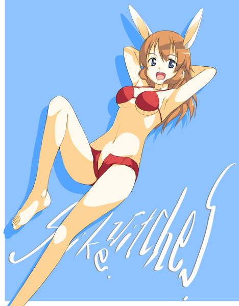 hamao, charlotte e. yeager, strike witches, world witches series, 00s, 1girl, animal ears, barefoot, bikini, feet, female focus, long legs, navel, open fly, rabbit ears, rabbit girl, red bikini, short shorts, shorts, solo, swimsuit, unzipped
