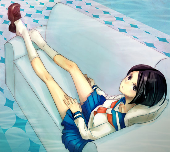 arai chie, sayonara zetsubou sensei, 00s, aged down, black hair, bob cut, brown eyes, couch, long legs, lying, pillow, school uniform, serafuku, shoe dangle, shoes, short hair, single shoe, solo