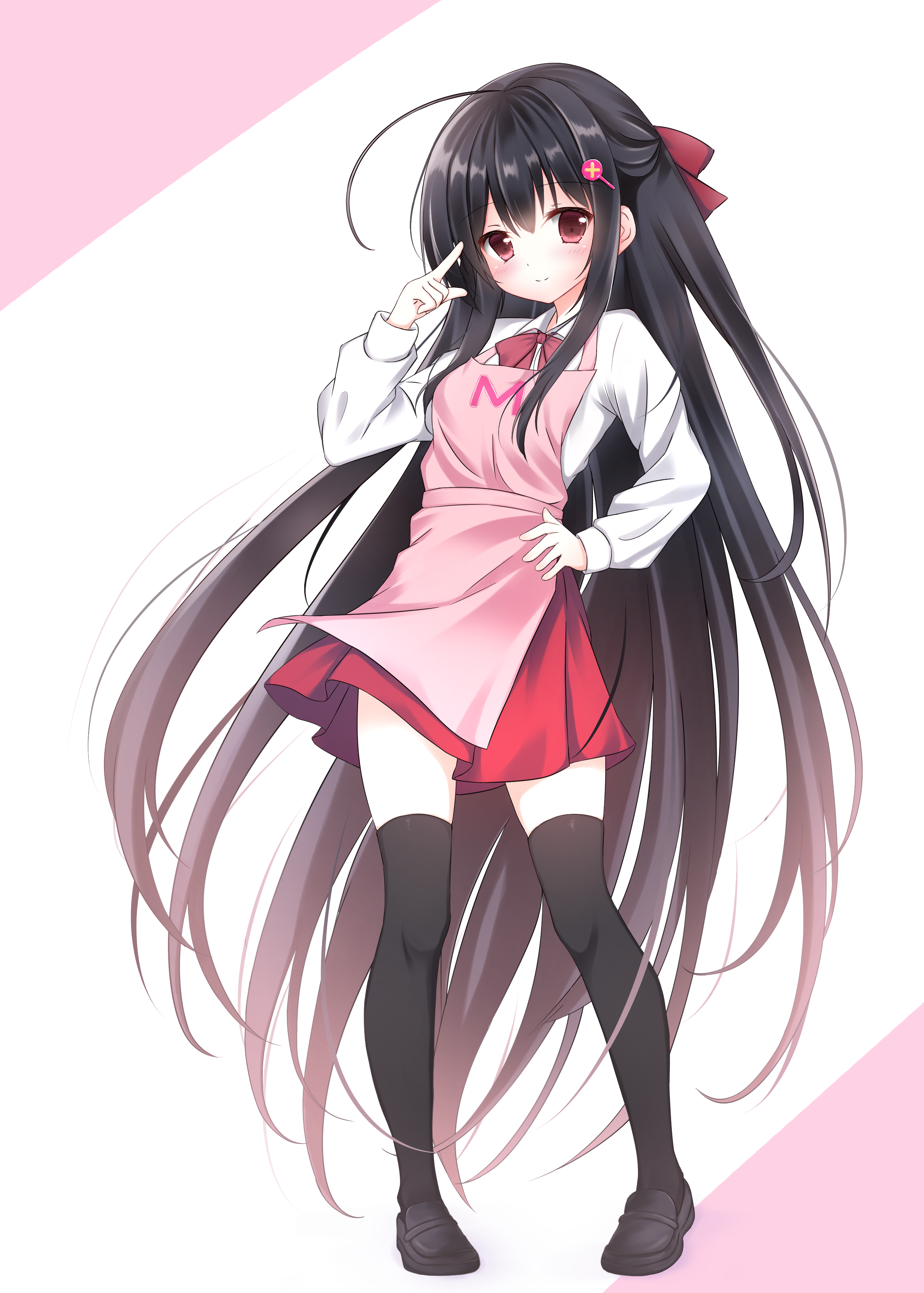 uuy (uuypro), original, absurdres, commentary request, highres, partial commentary, 1girl, absurdly long hair, ahoge, apron, black hair, black shoes, black thighhighs, bow, bowtie, button hair ornament, closed mouth, collared shirt, full body, hair between eyes, hair ribbon, half updo, hand on own hip, hand up, huge ahoge, index finger raised, loafers, long hair, looking at viewer, maitsuki moe, miniskirt, pink apron, pleated skirt, red bow, red bowtie, red eyes, red ribbon, red skirt, ribbon, shirt, shoes, sidelocks, simple background, skirt, smile, solo, split mouth, standing, straight hair, thighhighs, very long hair, white background, white shirt, zettai ryouiki