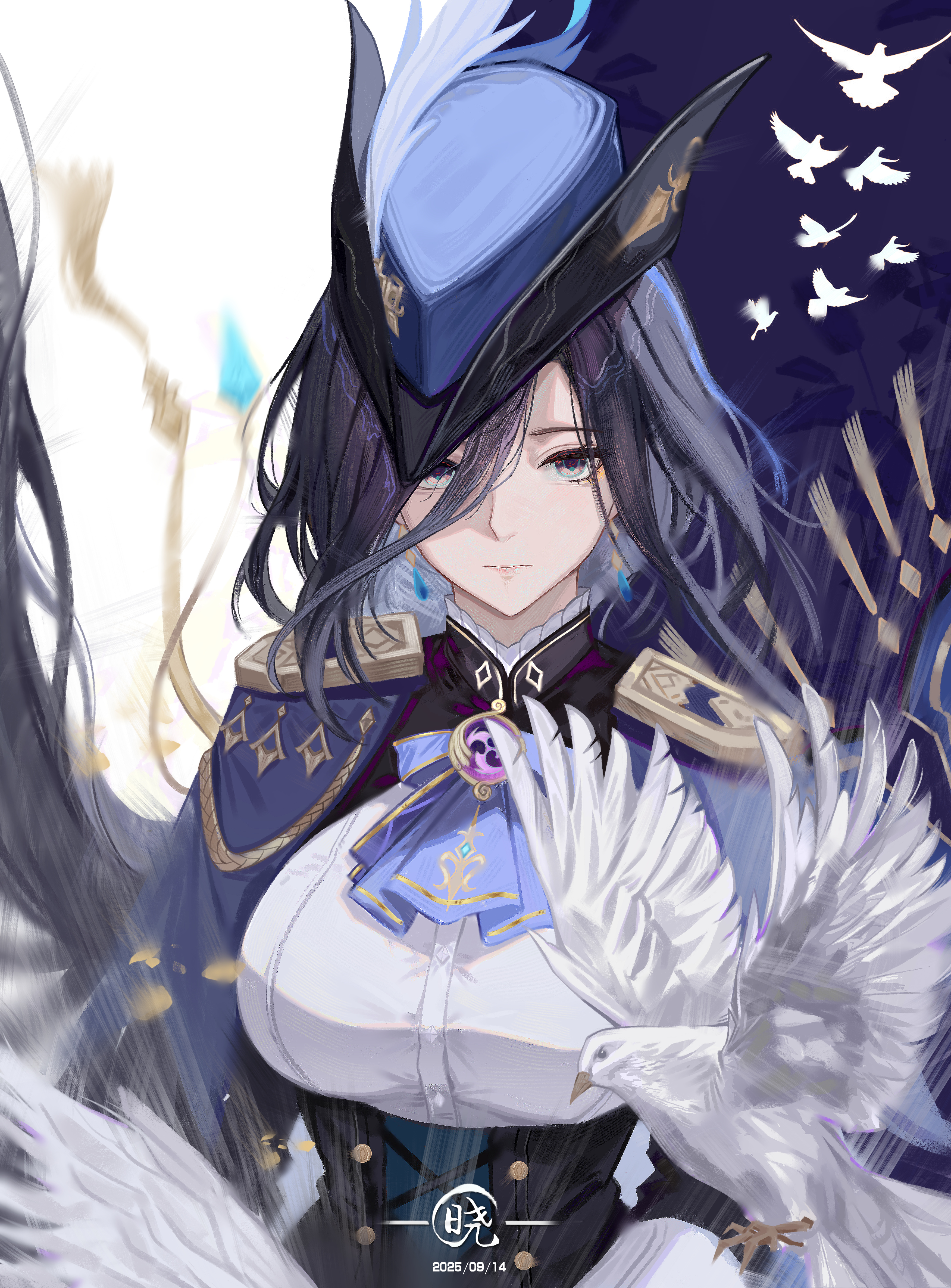 yelifocii, clorinde (genshin impact), genshin impact, absurdres, highres, 1girl, ascot, bird, blue ascot, corset, epaulettes, hat, hat feather, long hair, looking at viewer, purple hair, shirt, solo, tricorne, upper body, white shirt
