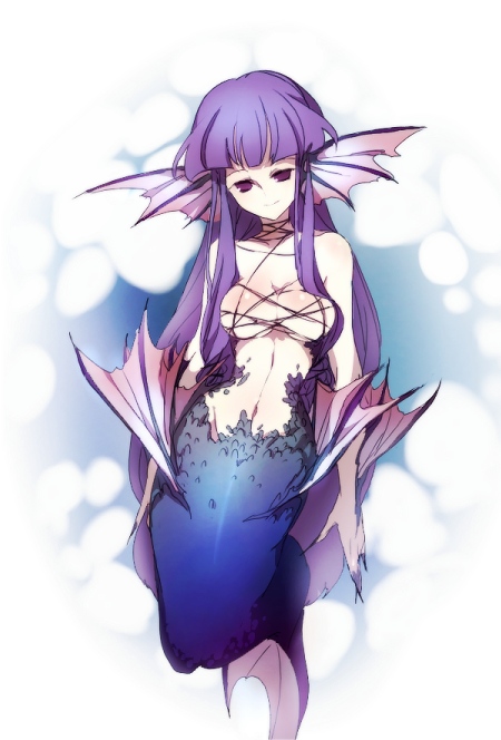 emi, emi (emi43), original, 1girl, breasts, claws, cleavage, female focus, fins, head fins, kneeling, light smile, long hair, mermaid, monster girl, no nipples, purple eyes, purple hair, scales, solo, very long hair