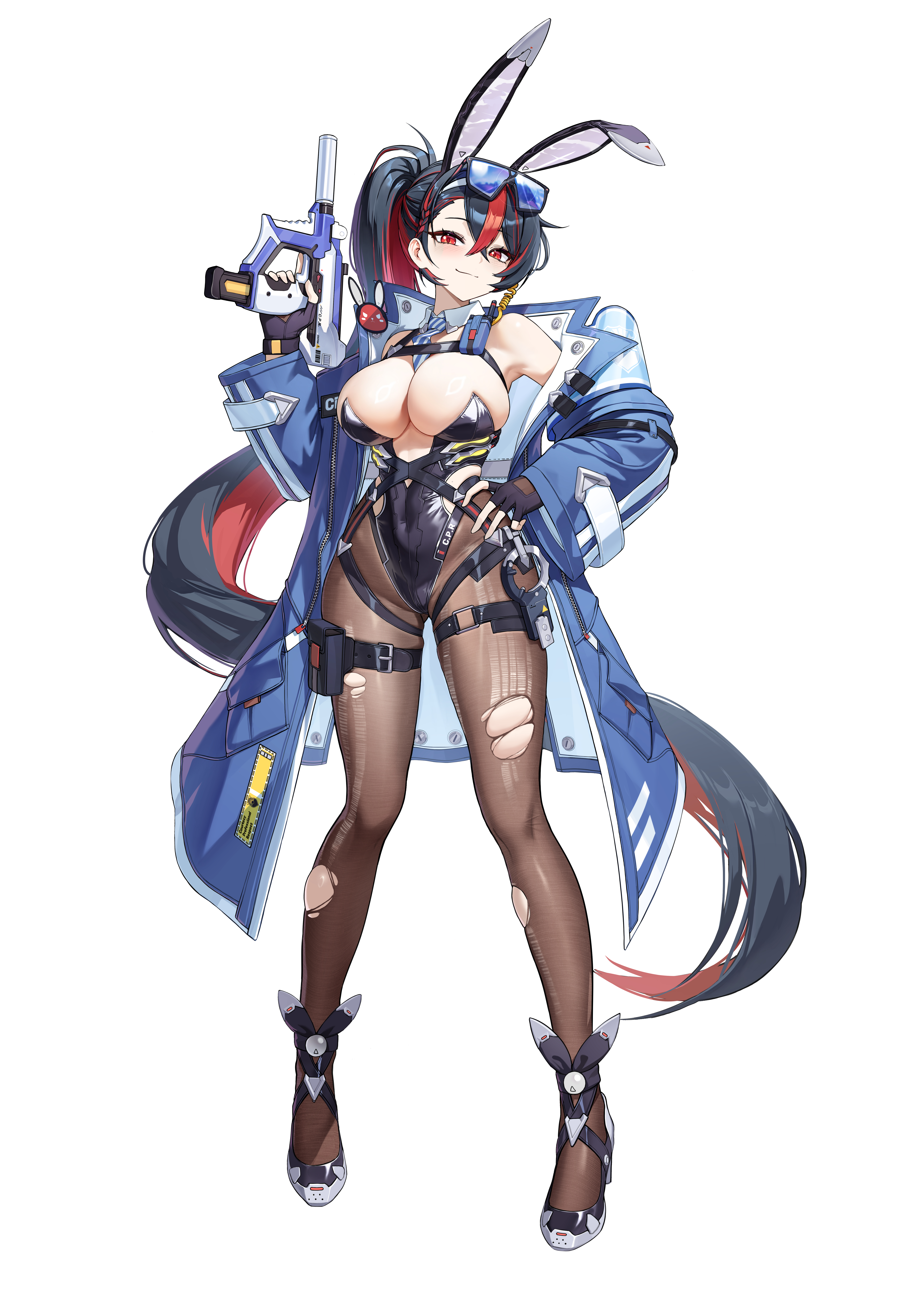 guegue, original, absurdres, commentary, highres, 1girl, animal ear hairband, animal ears, belt, black gloves, black hair, black leotard, blue-tinted eyewear, blue coat, blush, braid, breasts, brown pantyhose, chest harness, closed mouth, coat, colored inner hair, crossed bangs, cuffs, detached collar, diagonal-striped clothes, diagonal-striped necktie, fake animal ears, fingerless gloves, floating hair, full body, gloves, gluteal fold, gun, hair between eyes, hairband, hand on own hip, handcuffs, harness, highleg, highleg leotard, holding, holding gun, holding weapon, large breasts, leotard, long hair, long sleeves, looking at viewer, multicolored hair, necktie, off shoulder, open clothes, open coat, pantyhose, playboy bunny, ponytail, pouch, puffy long sleeves, puffy sleeves, rabbit ear hairband, rabbit ears, red eyes, red hair, simple background, skindentation, smile, solo, standing, strapless, strapless leotard, streaked hair, striped clothes, sunglasses, tachi-e, thigh belt, thigh pouch, thigh strap, tinted eyewear, torn clothes, torn pantyhose, two-tone hair, very long hair, walkie-talkie, weapon, white background