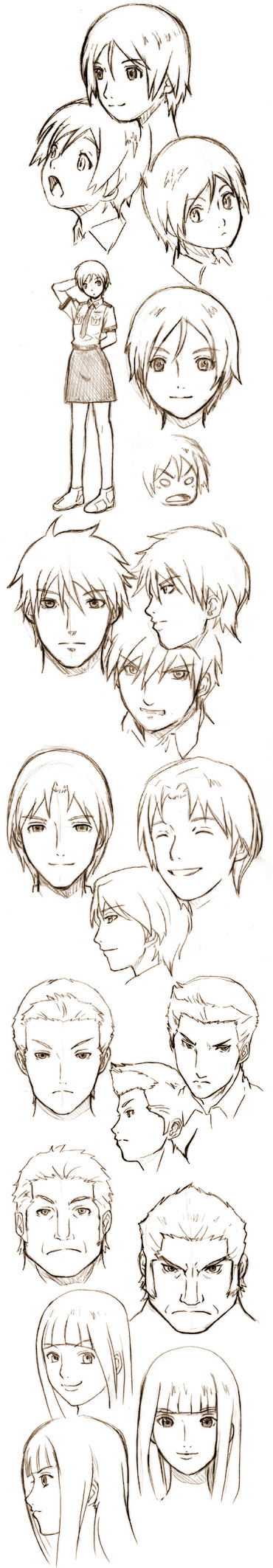 v-mag, kasahara iku, shibasaki asako, toshokan sensou, highres, long image, tall image, 00s, 2girls, 4boys, angry, arm behind head, closed eyes, frown, greyscale, monochrome, multiple boys, multiple girls, open mouth, profile, reference sheet, sketch, smile, standing