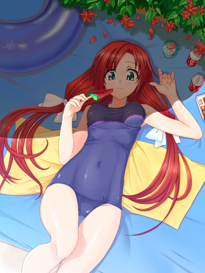 gin (ginshari), coca-cola, original, 1girl, beach towel, breasts, can, covered navel, drink can, female focus, food, from above, gin (ginshari) , green eyes, innertube, long hair, looking at viewer, lying, on back, one-piece swimsuit, popsicle, red hair, school swimsuit, shade, small breasts, soda can, solo, swim ring, swimsuit, towel, twintails, watermelon bar