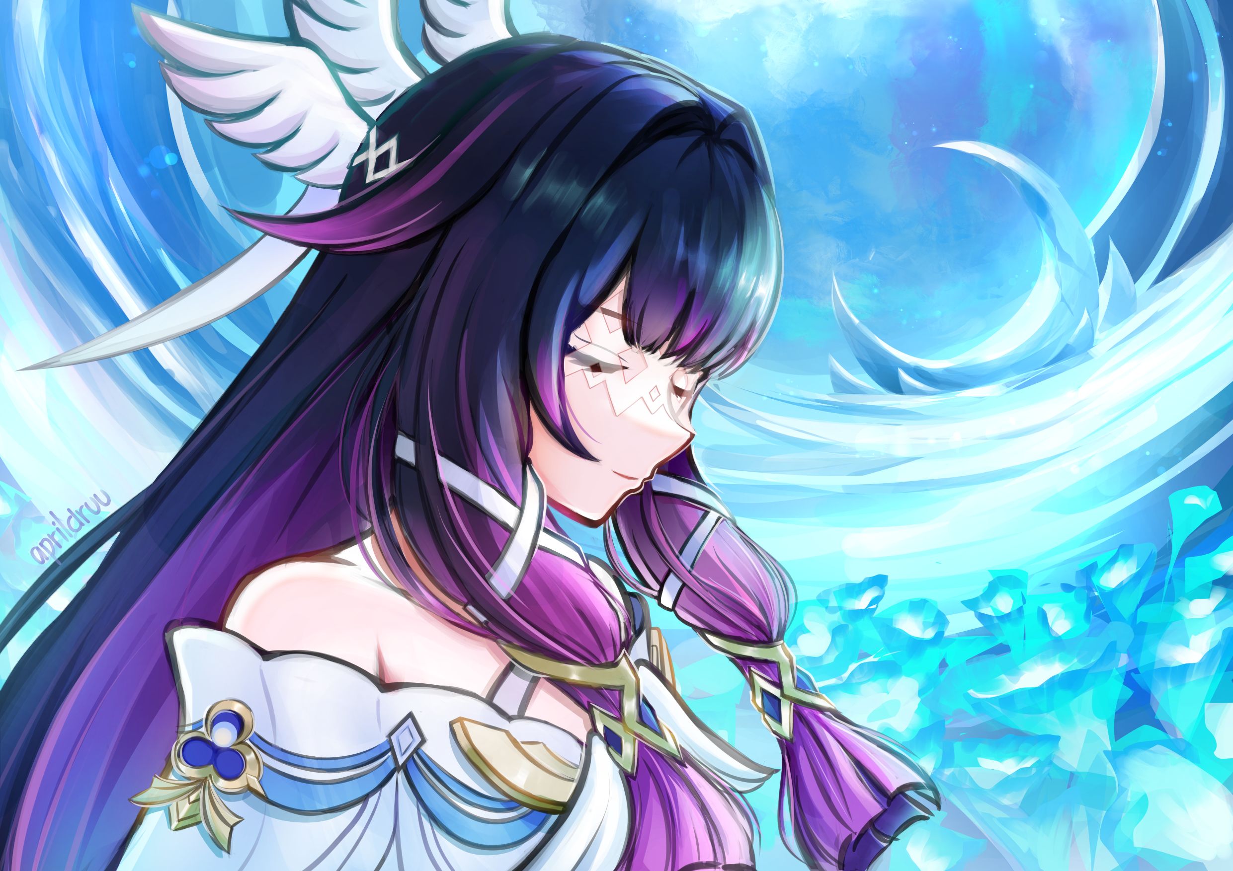 andrewaprilio, columbina (genshin impact), genshin impact, commentary, highres, 1girl, bare shoulders, black hair, closed eyes, dress, hair intakes, long hair, multicolored hair, off-shoulder dress, off shoulder, purple hair, smile, solo, two-tone hair, upper body, very long hair, white dress