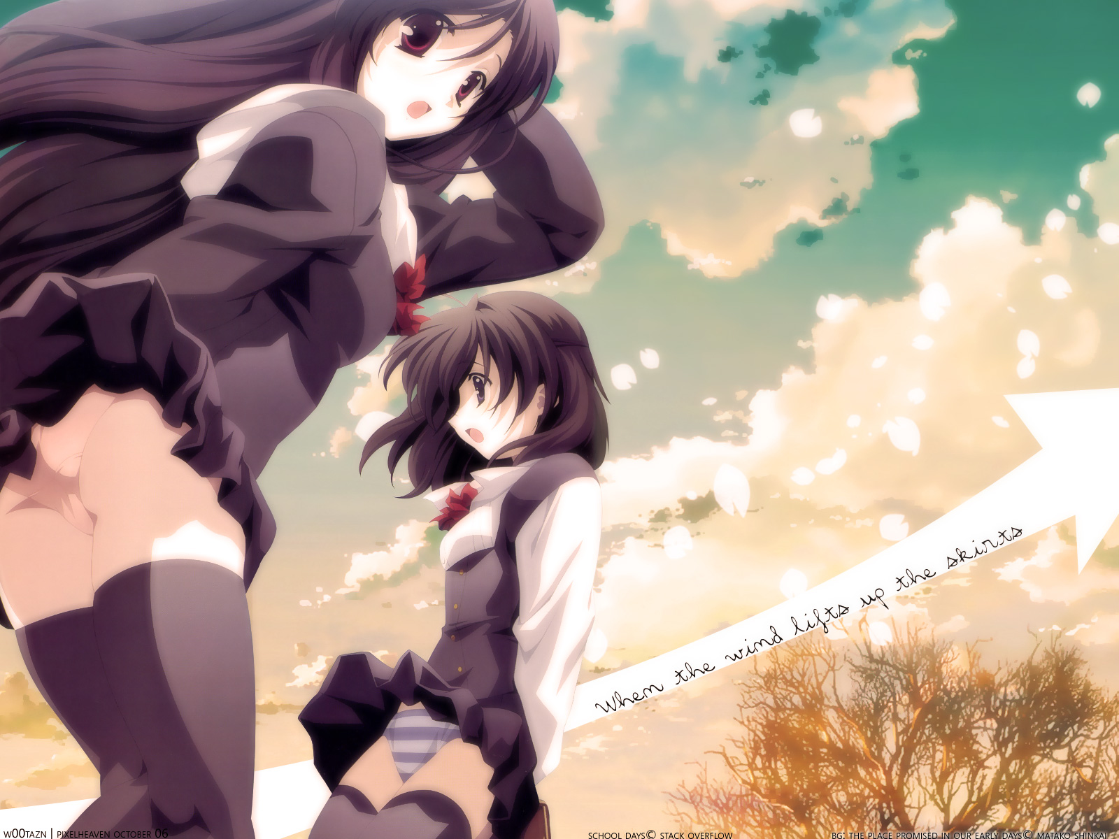 gotou junji, katsura kotonoha, saionji sekai, school days, highres, official art, 00s, 2girls, :o, black hair, black thighhighs, blouse, blue panties, clothes lift, cloud, from below, long hair, looking down, multiple girls, nature, open mouth, panties, pantyshot, pink panties, red eyes, school uniform, serafuku, shirt, short hair, skirt, skirt lift, skirt tug, standing, striped clothes, striped panties, surprised, thighhighs, tree, underwear, wind, wind lift