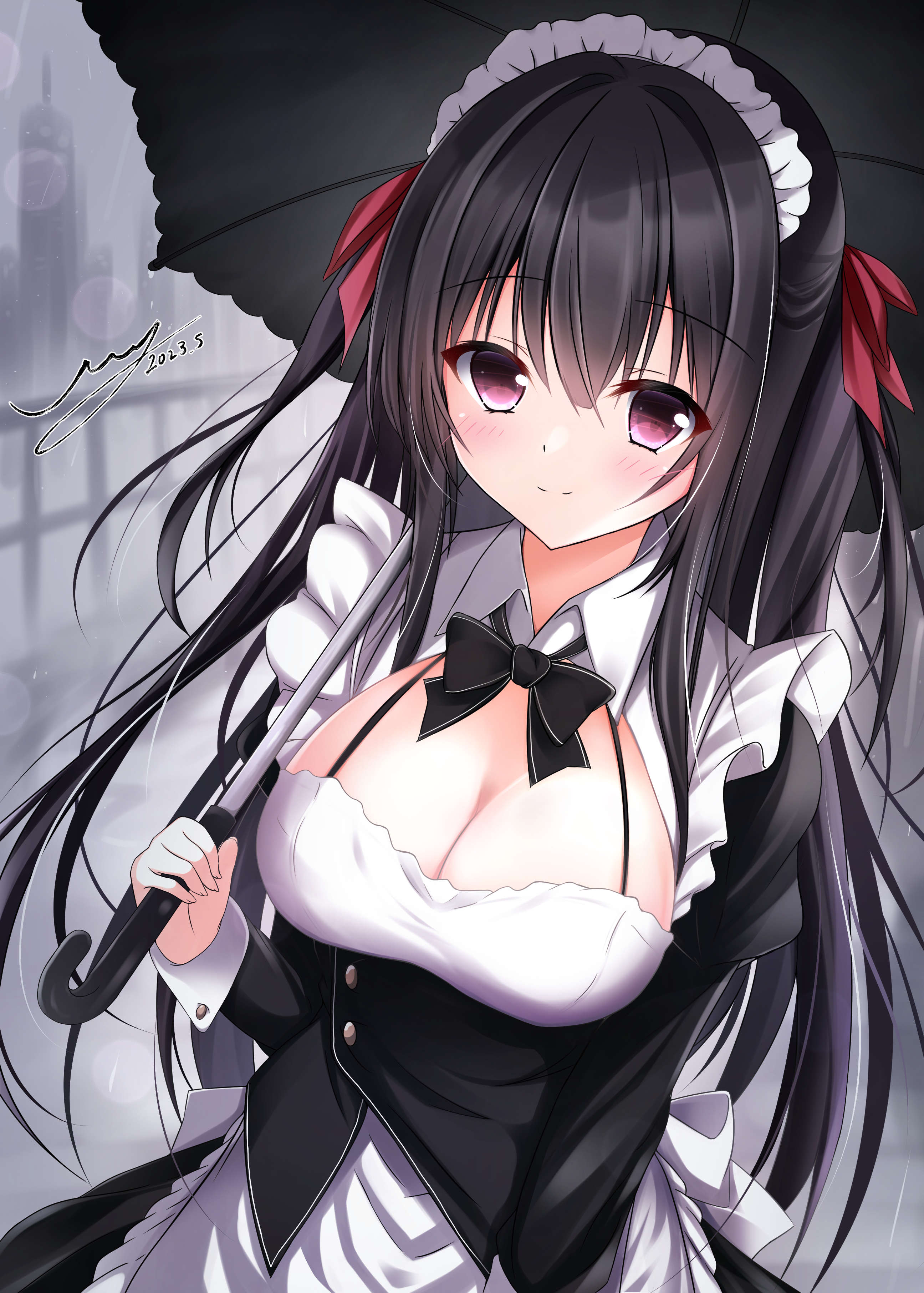 uuy (uuypro), original, absurdres, commentary request, highres, 1girl, 2023, apron, back bow, black bow, black bowtie, black dress, black hair, black umbrella, blunt bangs, blush, bow, bowtie, breasts, buttons, cleavage, cleavage cutout, closed mouth, clothing cutout, collared dress, cowboy shot, dated, dress, dutch angle, eyelashes, eyes visible through hair, frilled apron, frills, hair between eyes, hair intakes, hair ribbon, hand up, holding, holding umbrella, juliet sleeves, large breasts, long hair, long sleeves, looking at viewer, maid, maid apron, maid headdress, maitsuki moe, outdoors, puffy sleeves, rain, red eyes, red ribbon, ribbon, signature, smile, solo, split mouth, straight hair, two side up, umbrella, v-shaped eyebrows, very long hair, white apron, white bow