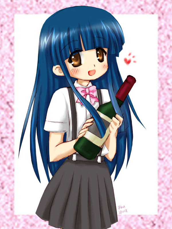 piku, furude rika, higurashi no naku koro ni, non-web source, 00s, 1girl, blue hair, bottle, bow, brown eyes, female focus, heart, long hair, pink bow, school uniform, serafuku, solo