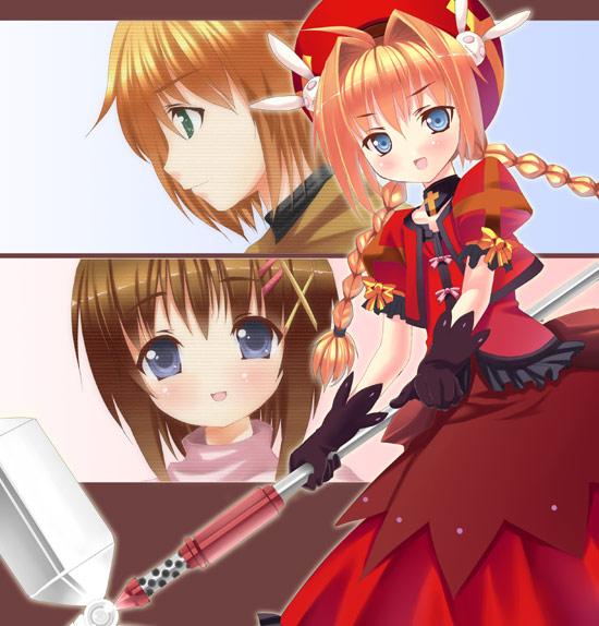 pikazo, graf eisen, vita (nanoha), yagami hayate, yuuno scrya, lyrical nanoha, mahou shoujo lyrical nanoha, mahou shoujo lyrical nanoha a's, looking away, 00s, 3girls, beret, blue eyes, braid, brown hair, gauntlets, green eyes, hair intakes, hair ornament, hairclip, hat, long hair, looking at viewer, mallet, multiple girls, profile, puffy sleeves, red hair, short hair, short sleeves, skirt, skirt set, smile, twin braids, x hair ornament