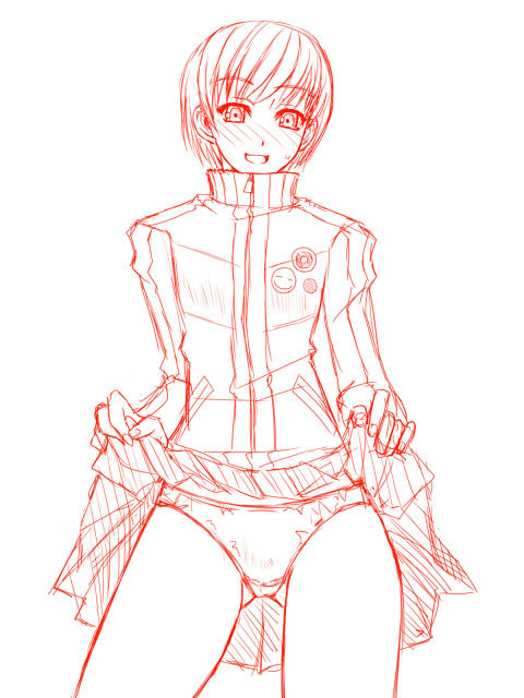 ichimedoo, satonaka chie, atlus, persona, persona 4, clothes lift, monochrome, panties, sketch, skirt, skirt lift, solo, underwear