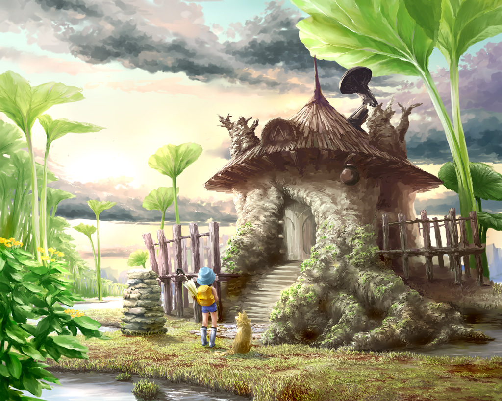 coz (commit), original, 1girl, backpack, bag, building, cloud, dog, fence, ginkgo tree, grass, hat, house, hut, landscape, leaf, plant, randoseru, scenery, shorts, sky, tree, umbrella, water