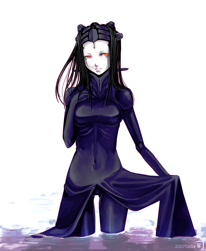 tsukasa (artist), tsukasa (evening-g-low), pcell, blame!, 00s, 1girl, 2007, android, black hair, female focus, goth fashion, red eyes, science fiction, skin tight, solo, standing, water