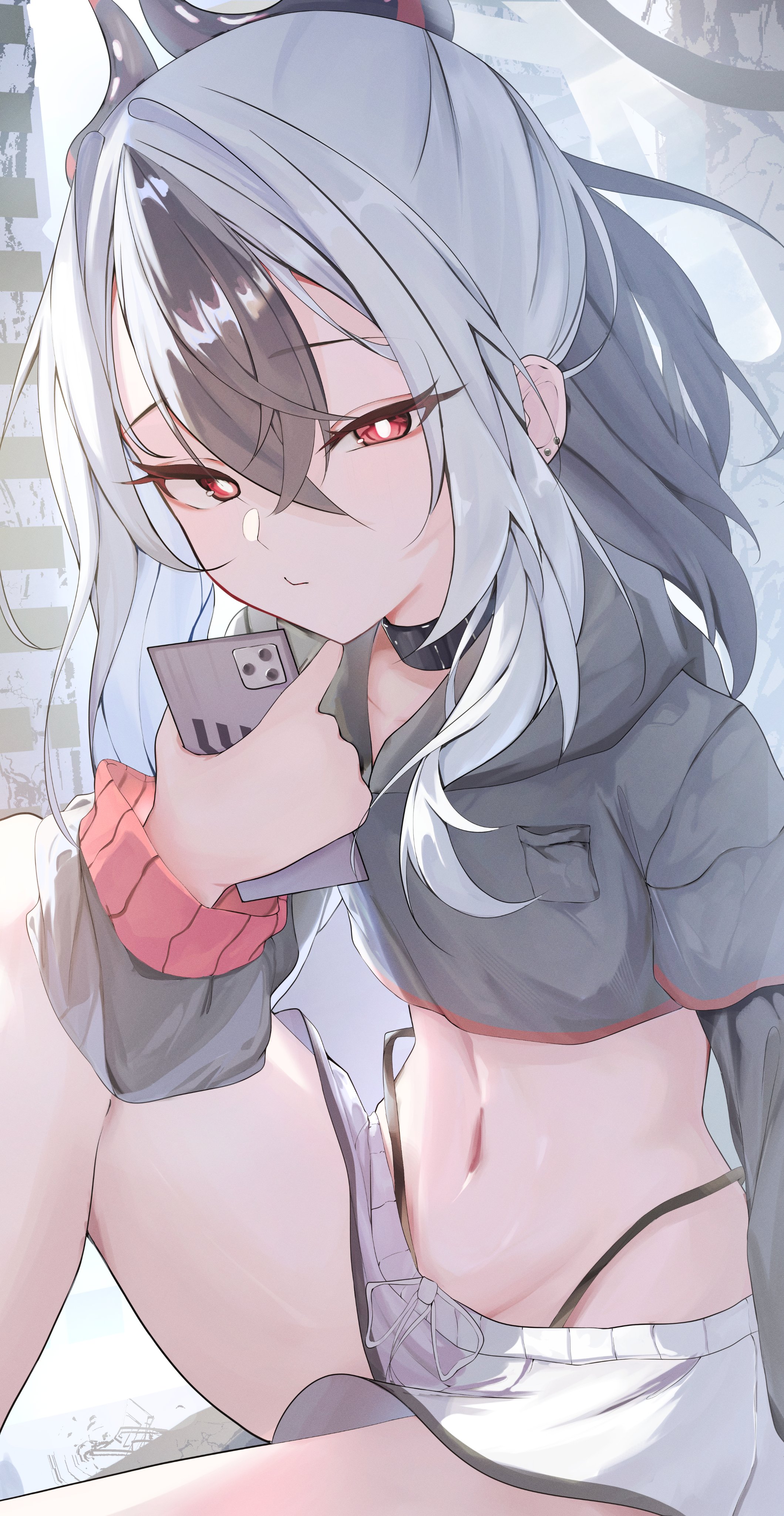 mumu (2arlcevpxn83807), kayoko (blue archive), blue archive, absurdres, highres, 1girl, black choker, black hair, black panties, black shirt, bright pupils, cellphone, choker, crop top, crossed bangs, earrings, flat chest, hair between eyes, highleg, highleg panties, holding, holding phone, horns, jewelry, knee up, medium hair, midriff, multicolored hair, navel, panties, phone, ponytail, red eyes, shirt, short shorts, shorts, sitting, smartphone, solo, two-tone hair, underwear, whale tail (clothing), white hair, white pupils, white shorts