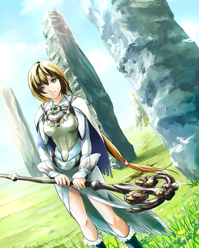 coz (commit), original, 1girl, brown hair, cloud, day, female focus, grass, jewelry, necklace, sky, smile, solo, staff, yellow eyes