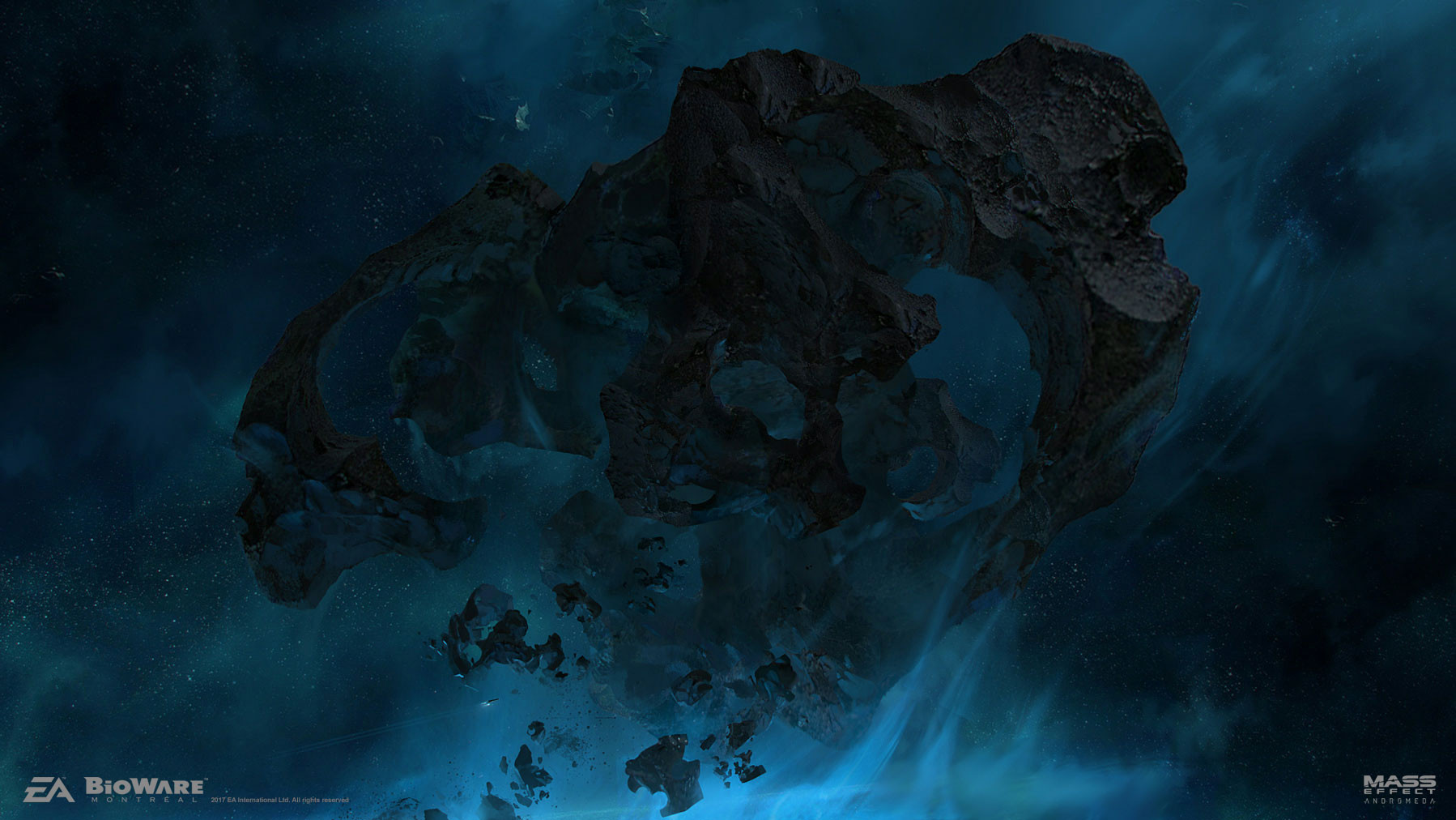 ben lo, mass effect (series), concept art, highres, asteroid, blue theme, debris, glowing, no humans, object focus, painterly, rock, scenery, space