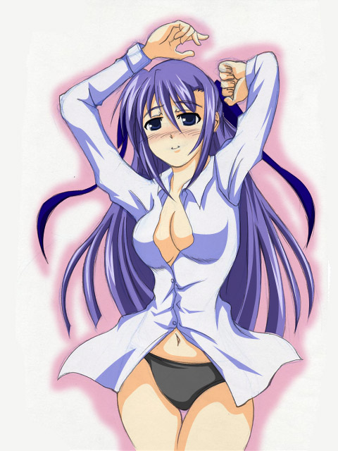 kose, ginga nakajima, lyrical nanoha, mahou shoujo lyrical nanoha, mahou shoujo lyrical nanoha strikers, bad id, bad pixiv id, 00s, 1girl, blush, breasts, cleavage, female focus, large breasts, long hair, open clothes, open shirt, panties, purple hair, shirt, solo, underwear