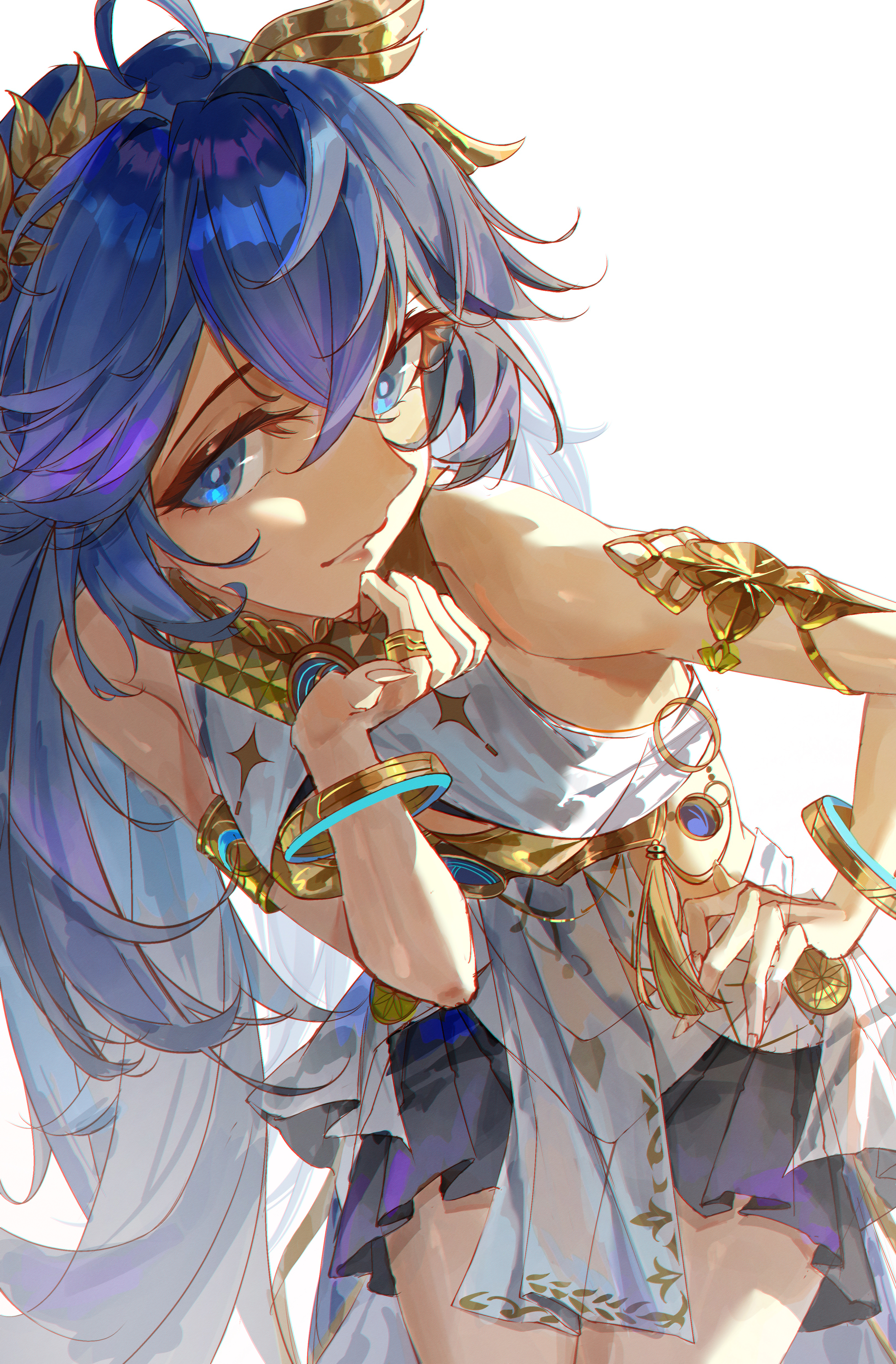 doki illus, iuno (wuthering waves), wuthering waves, absurdres, commentary, highres, 1girl, ahoge, armlet, bare shoulders, black skirt, blue eyes, blue hair, breasts, cowboy shot, gold bra, hair between eyes, jewelry, leaning forward, medium breasts, navel, parted lips, showgirl skirt, simple background, skirt, smile, solo, white background