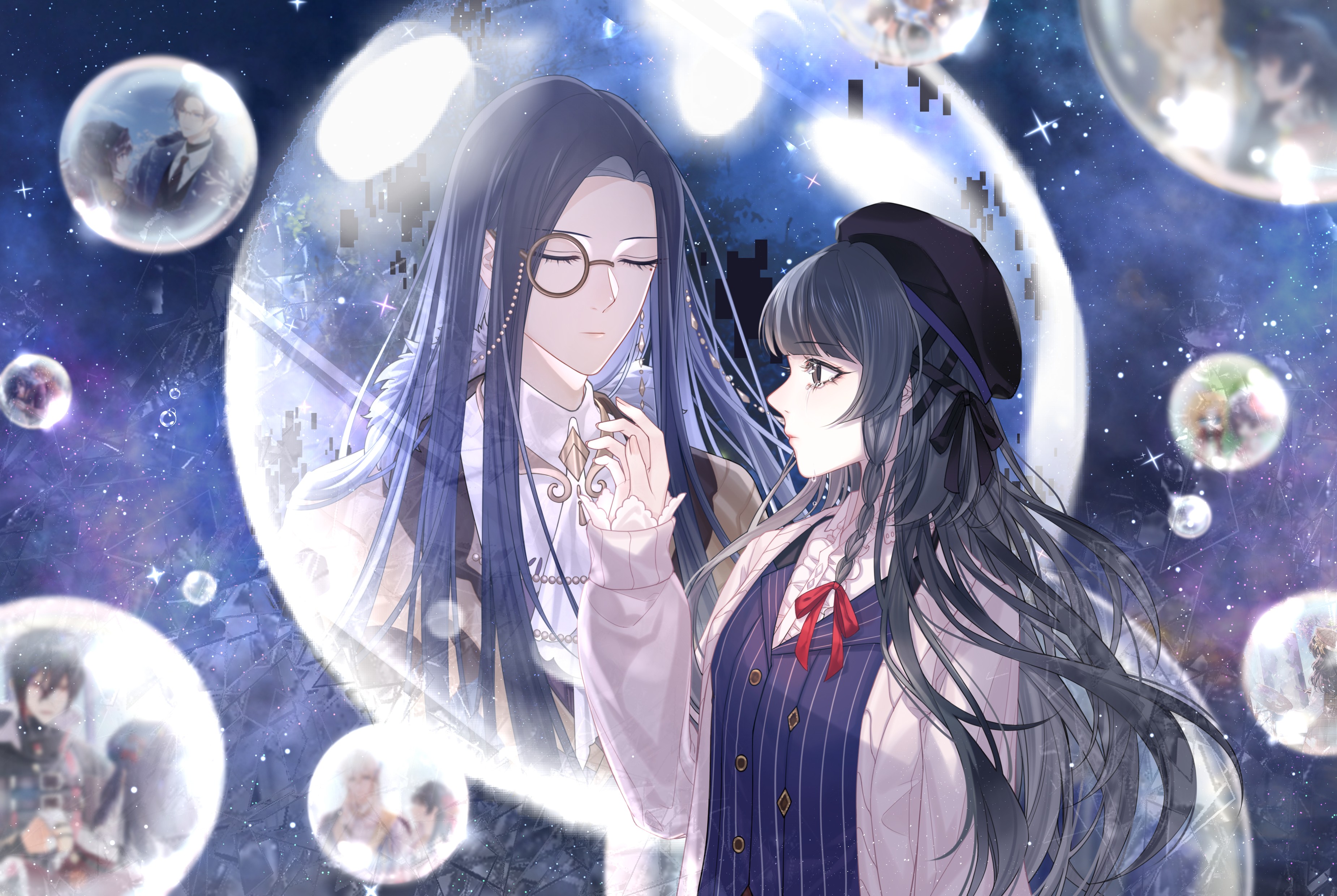 luki 9713, clarence clayden, clarence clayden (godheim), heroine (lovebrush chronicles), lovebrush chronicles, absurdres, chinese commentary, highres, 1boy, 1girl, ascot, beret, black cape, black hair, black hat, black ribbon, blue hair, blue vest, blunt bangs, braid, brooch, bubble, cape, cardigan, center frills, closed eyes, closed mouth, collared shirt, crying, crying with eyes open, curtained hair, frills, fur-trimmed cape, fur trim, hair ribbon, hand up, hat, jewelry, long hair, long sleeves, looking at another, looking to the side, mole, mole under eye, monocle, multiple views, open cardigan, open clothes, parted bangs, pink lips, pinstripe pattern, pinstripe vest, profile, purple eyes, red ribbon, ribbon, shirt, side braid, sky, sleeves past wrists, sparkle, star (sky), starry sky, straight hair, tears, upper body, vest, white ascot, white cardigan, white shirt
