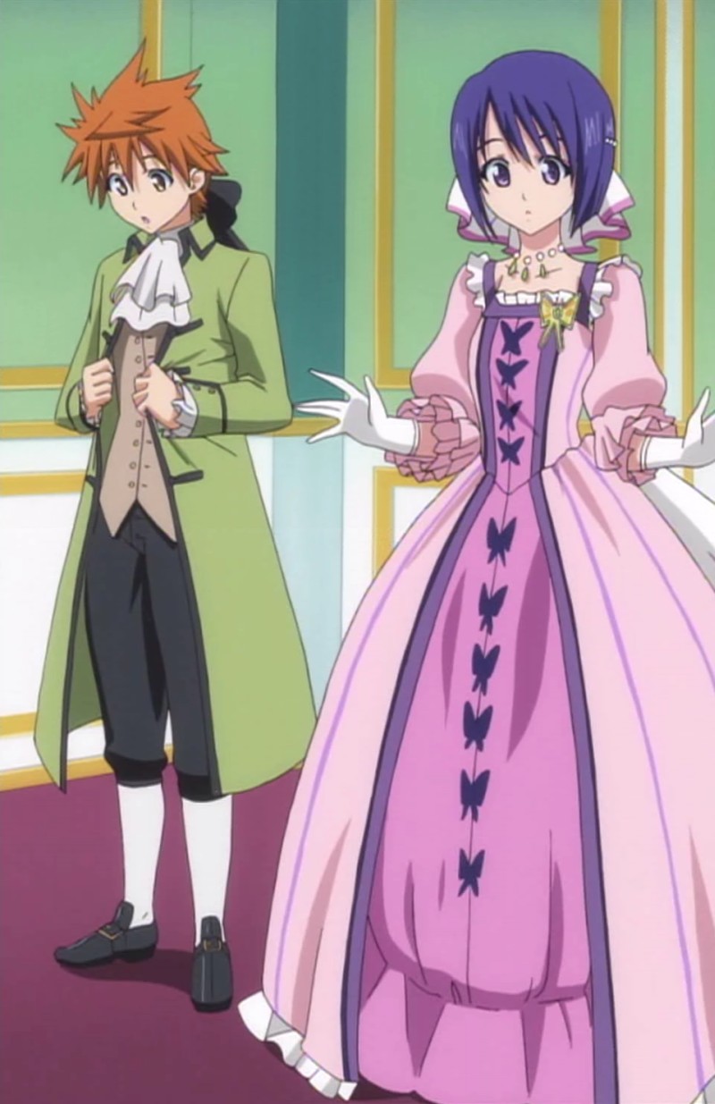 takami akio, sairenji haruna, yuuki rito, to love-ru, anime screenshot, highres, stitched, third-party edit, 00s, ascot, bug, butterfly, dress, formal clothes, frills, gloves, insect, jewelry, necklace, standing