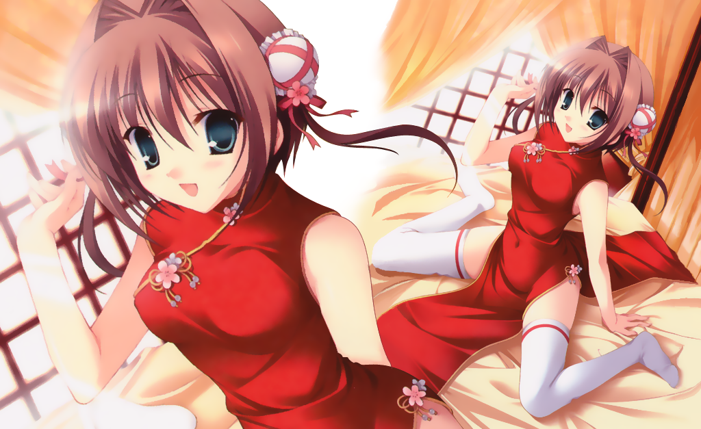 tanihara natsuki, asakura yume, da capo, da capo ii, 00s, 1girl, bed, brown hair, bun cover, china dress, chinese clothes, double bun, dress, thighhighs