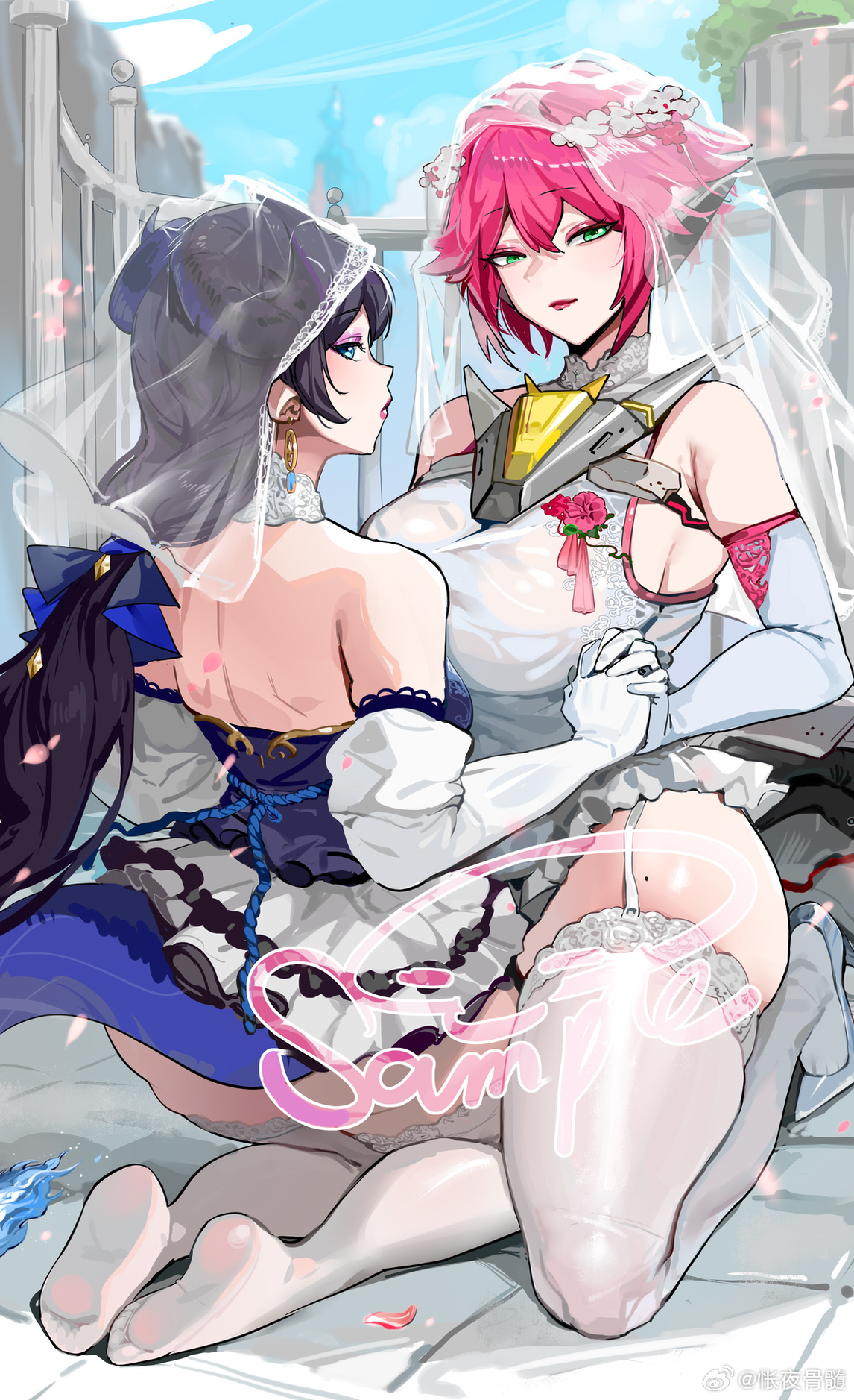 kuook, original, highres, 2girls, bare back, bare shoulders, breasts, bridal veil, china dress, chinese clothes, dress, earrings, elbow gloves, eyeshadow, feet, full body, gloves, green eyes, height difference, high heels, holding hands, horns, jewelry, kneeling, large breasts, lipstick, long hair, looking at viewer, looking back, makeup, mole, mole on thigh, multiple girls, no shoes, petals, pink eyeshadow, pink hair, purple eyeshadow, purple hair, red lips, see-through clothes, short hair, sideboob, smile, thick thighs, thighhighs, thighs, veil, wedding dress, white gloves