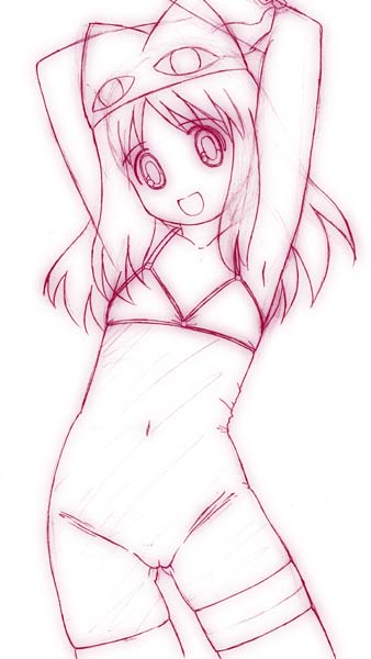 sudama, kasuga ayumu, azumanga daiou, 1girl, armpits, arms up, bikini, bikini top only, bottomless, female focus, flat chest, hat, long hair, monochrome, pussy, solo, standing, swimsuit, thighhighs, uncensored, white background