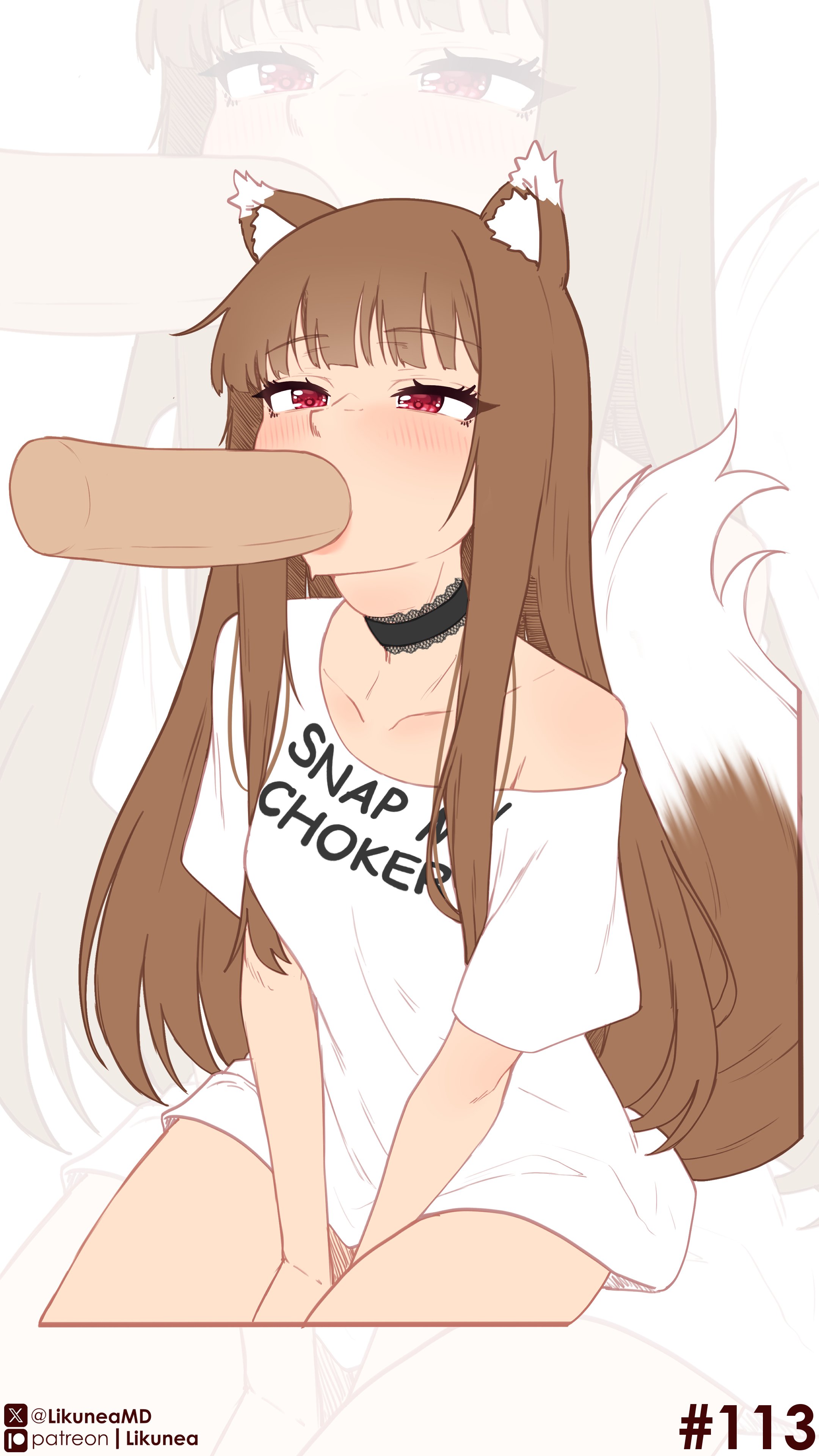 likunea, holo, spice and wolf, absurdres, highres, 1girl, animal ear fluff, animal ears, blunt bangs, blush, bottomless, breasts, brown hair, fang, fellatio, large penis, long hair, oral, penis, red eyes, shirt, small breasts, snap my choker (phrase), tail, white shirt, wolf ears, wolf girl, wolf tail