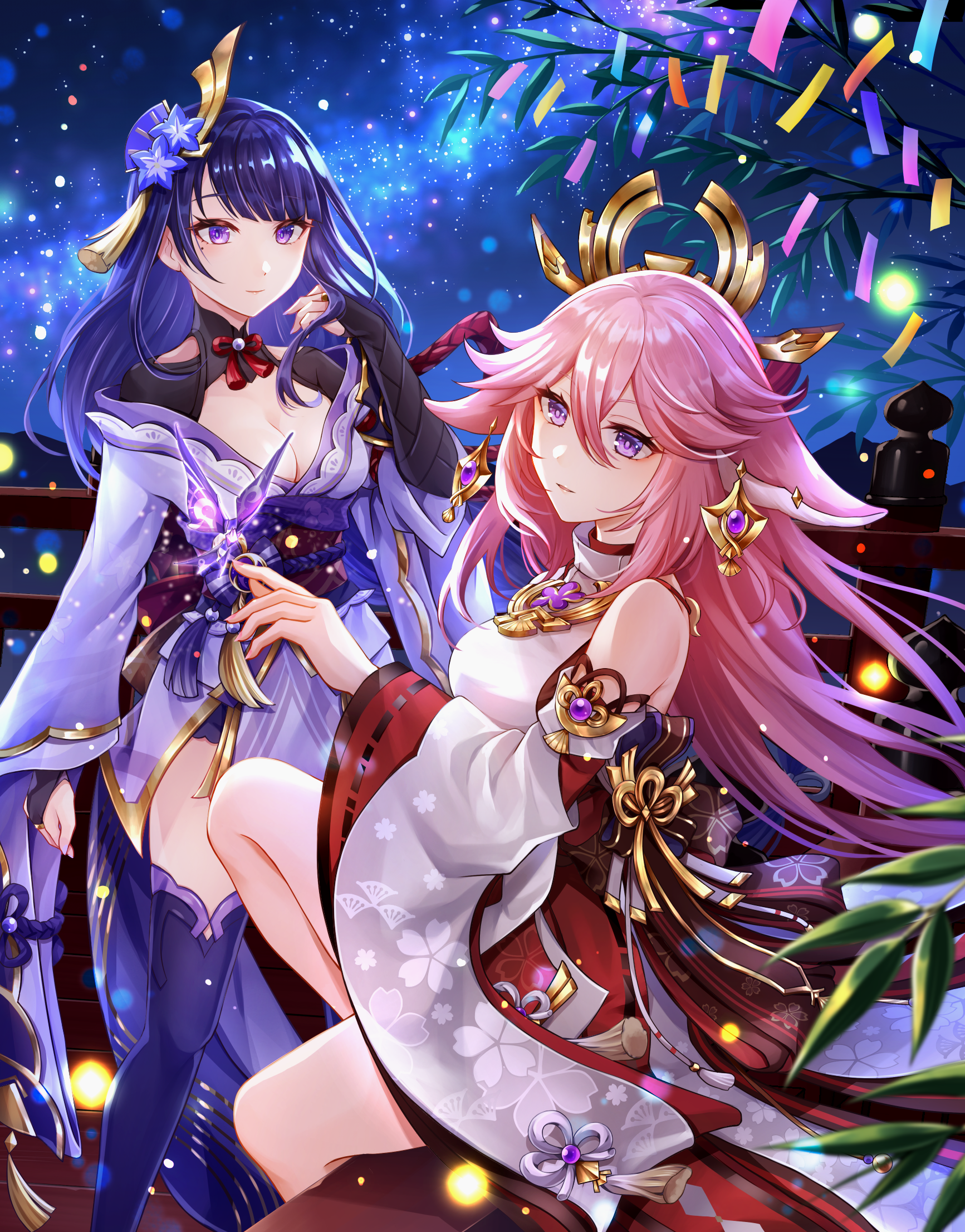 ankoro, raiden shogun, yae miko, genshin impact, commentary, highres, 2girls, animal ears, breasts, bug, butterfly, butterfly on hand, cleavage, detached sleeves, earrings, flower, fox ears, fox girl, hair between eyes, hand in own hair, insect, japanese clothes, jewelry, kimono, long hair, medium breasts, mole, mole under eye, multiple girls, night, night sky, parted lips, pink hair, purple eyes, purple flower, purple hair, purple kimono, purple thighhighs, qixi festival, sitting, sky, smile, star (sky), tanabata, thighhighs, white sleeves