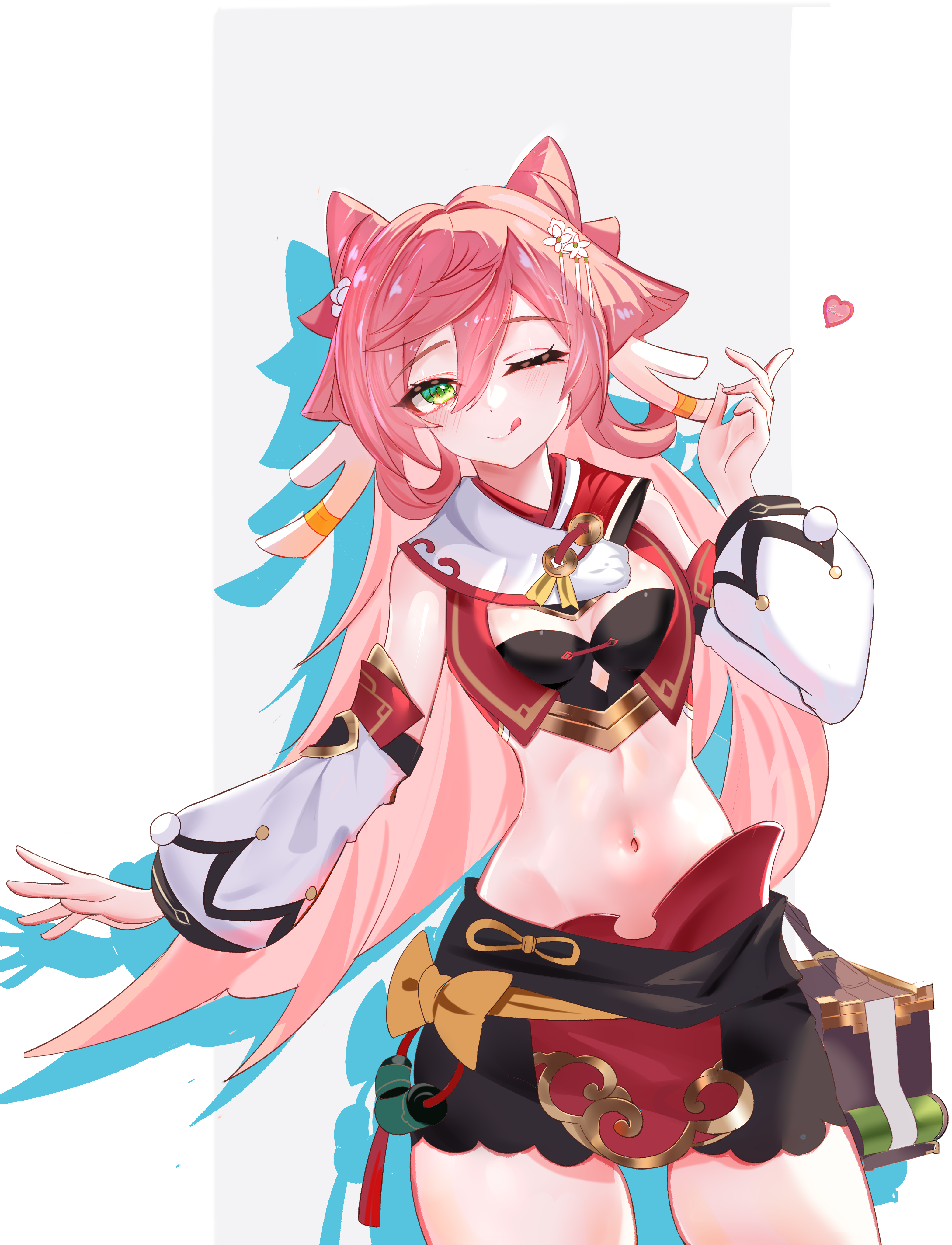 hxk8732, yanfei (genshin impact), genshin impact, absurdres, highres, 1girl, ;), ;q, alternate hairstyle, bare shoulders, black shorts, bow, cone hair bun, cowboy shot, crop top, detached sleeves, green eyes, hair bun, heart, long hair, long sleeves, looking at viewer, midriff, navel, no headwear, one eye closed, pink hair, short shorts, shorts, smile, solo, standing, stomach, tongue, tongue out, very long hair, yellow bow