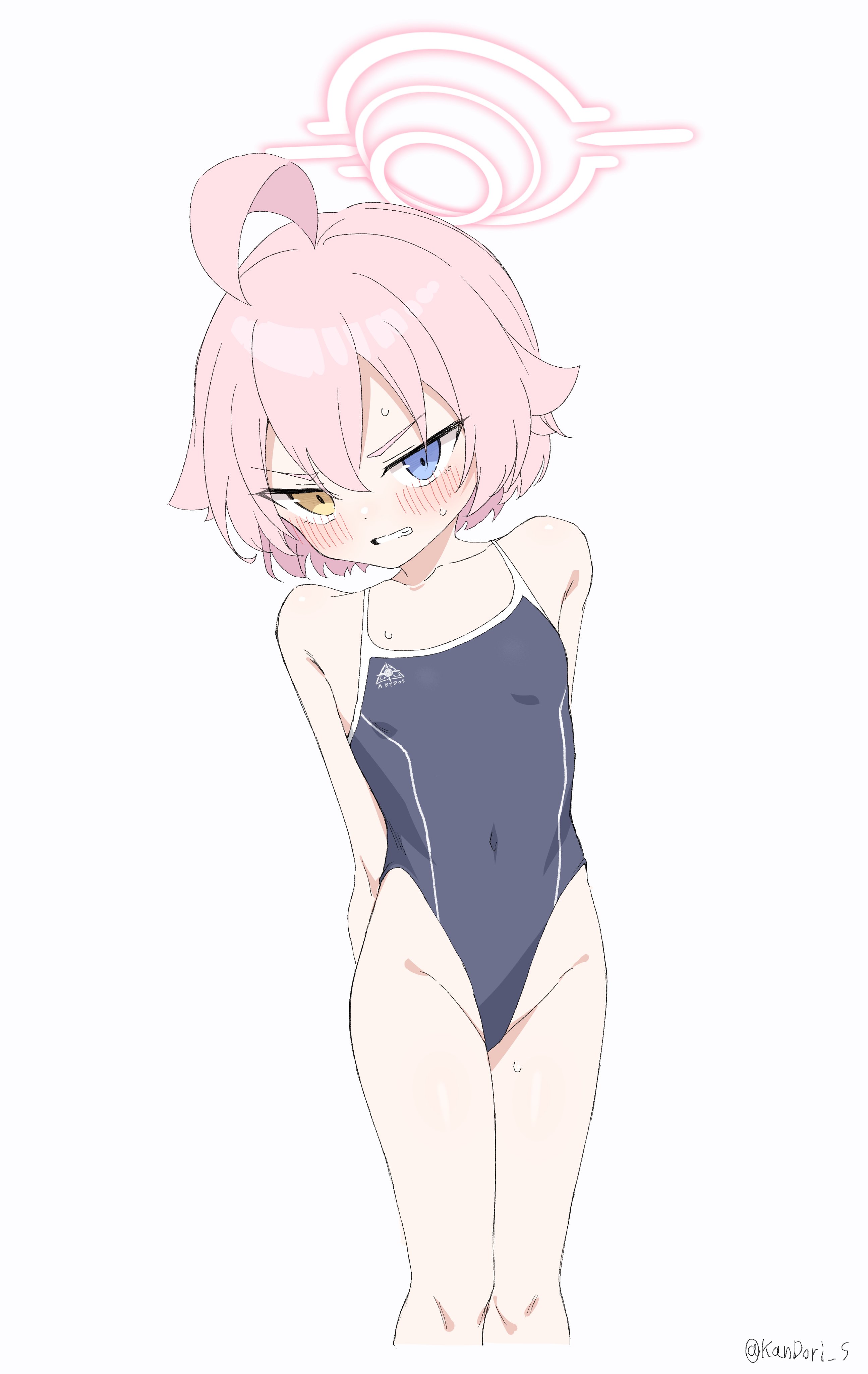 kandori, hoshino (blue archive), hoshino (first year) (blue archive), blue archive, absurdres, highres, ahoge, angry, arms behind back, blue eyes, blush, breasts, halo, heterochromia, looking to the side, nervous sweating, pink hair, pink halo, school swimsuit, short hair, simple background, small breasts, sweat, swimsuit, yellow eyes