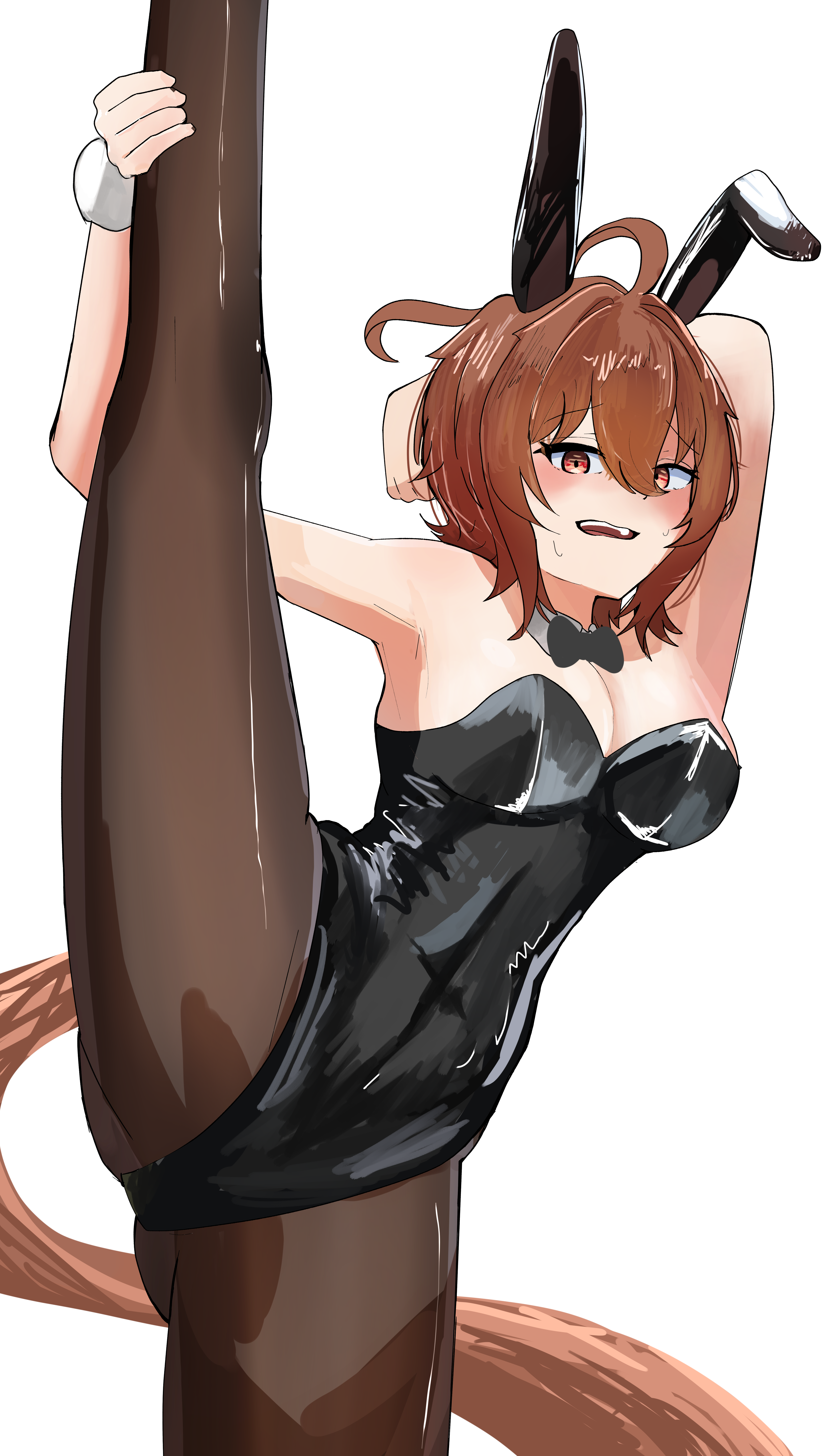 ikaeru squid19, agnes tachyon (umamusume), umamusume, absurdres, commentary, highres, 1girl, ahoge, animal ear hairband, animal ears, black bow, black bowtie, black leotard, black pantyhose, bow, bowtie, breasts, brown hair, cowboy shot, detached collar, fake animal ears, hairband, horse girl, horse tail, leotard, medium breasts, pantyhose, playboy bunny, rabbit ears, red eyes, short hair, simple background, solo, split, standing, standing on one leg, standing split, strapless, strapless leotard, tail, white background, wrist cuffs