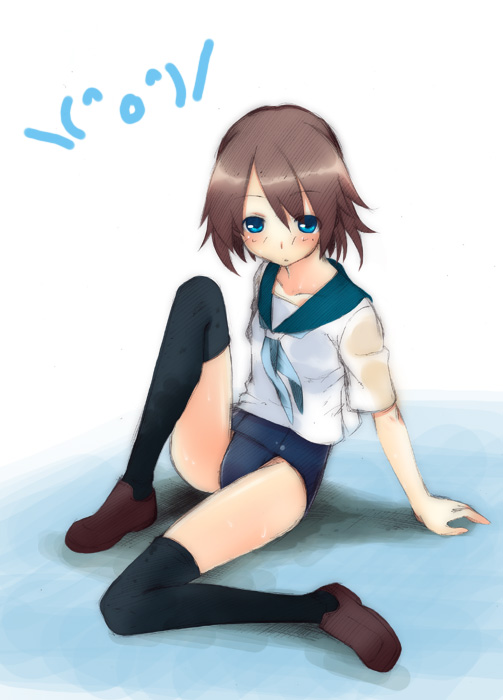 clowclover, majima yuki, miyafuji yoshika, strike witches, world witches series, (^o^)/, 00s, 1girl, blue eyes, blush, brown hair, female focus, no pants, one-piece swimsuit, school swimsuit, school uniform, serafuku, short hair, solo, swimsuit, swimsuit under clothes, thighhighs
